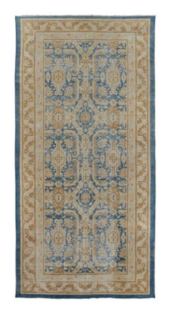 Antique Mahal Runner with Brown and Blue Dense Geometric Pattern - Rug & Kilim