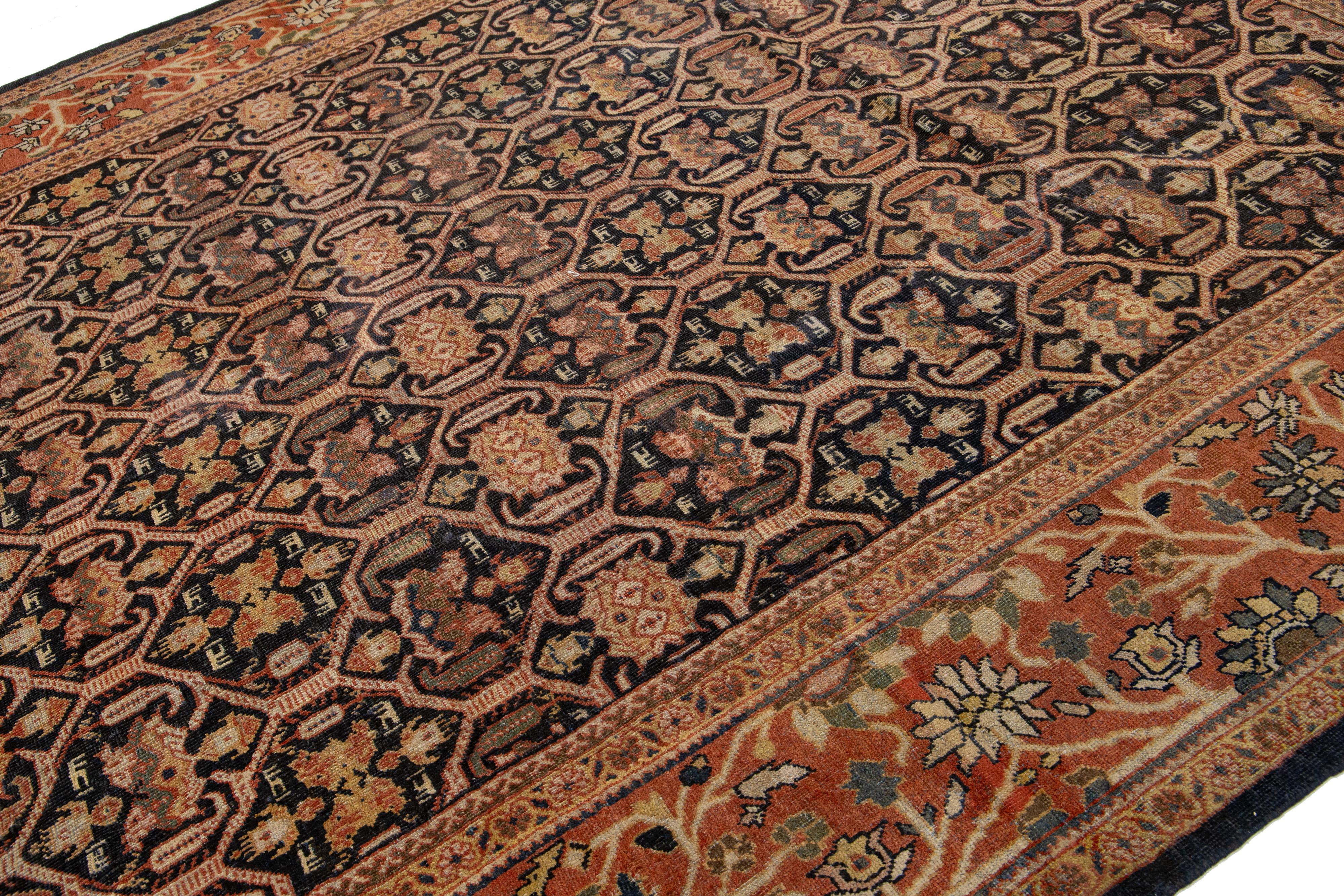 Sarouk Farahan Antique Mahal Rust Handmade Persian Wool Rug With Allover Motif For Sale