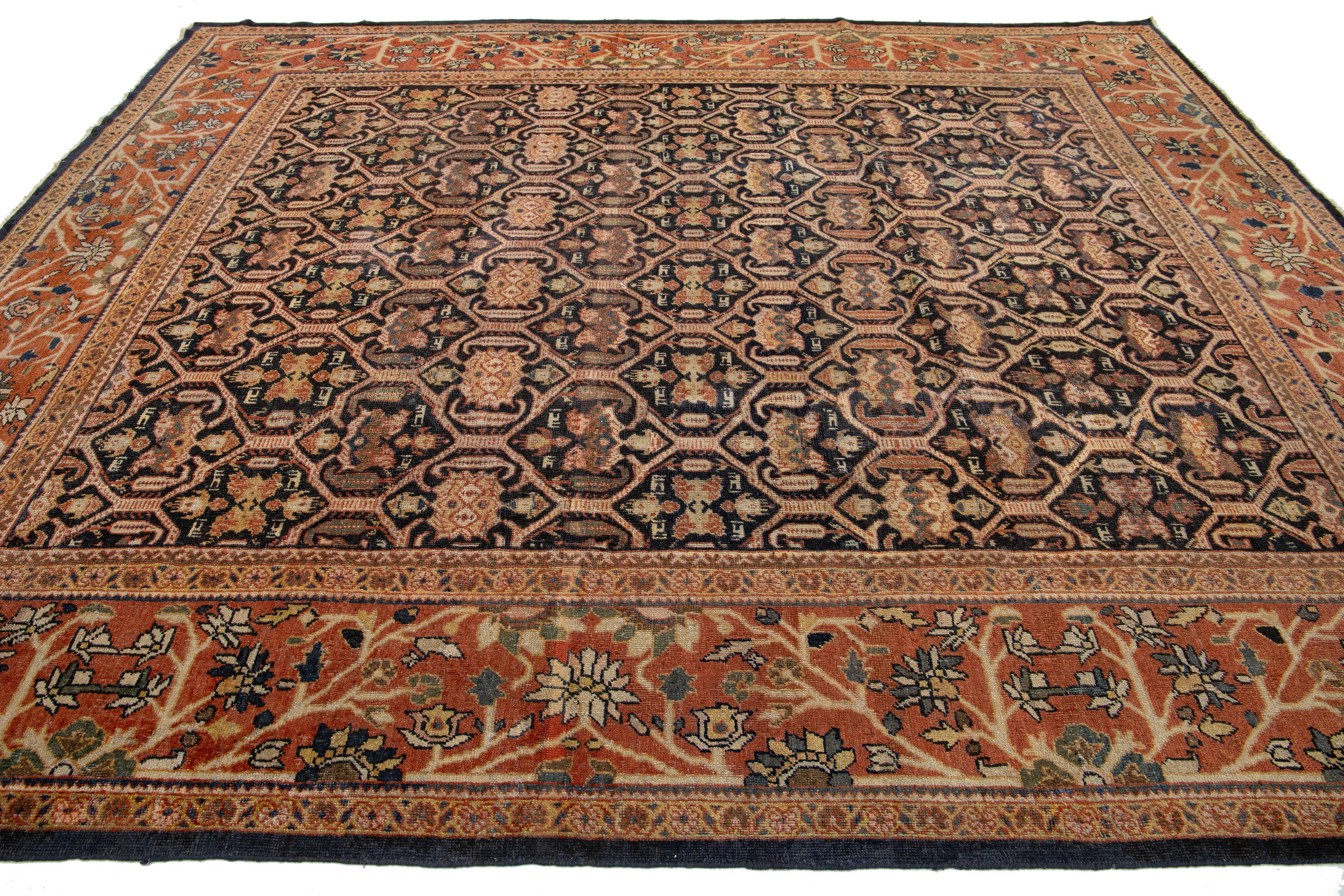 Hand-Knotted Antique Mahal Rust Handmade Persian Wool Rug With Allover Motif For Sale