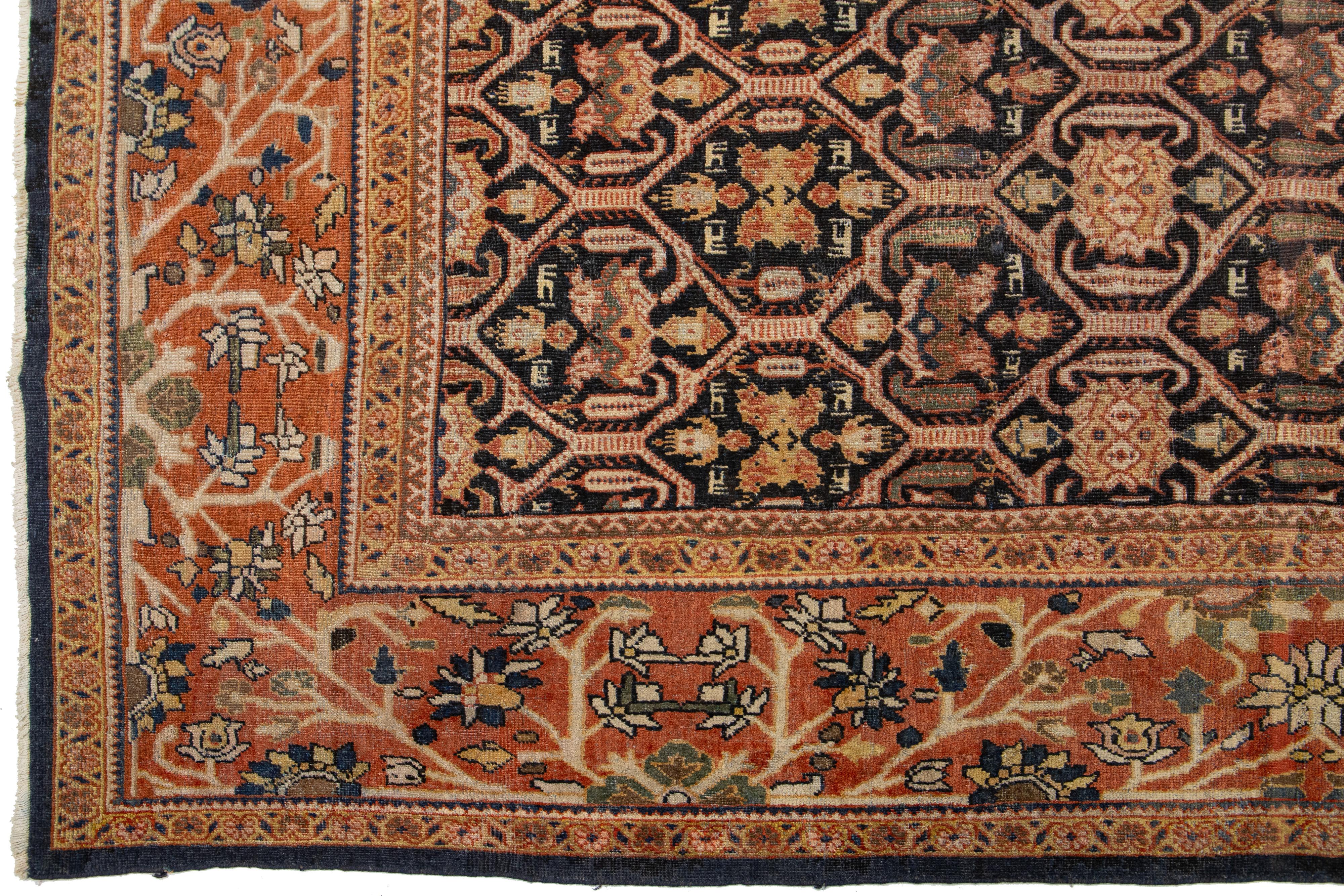 Antique Mahal Rust Handmade Persian Wool Rug With Allover Motif In Good Condition For Sale In Norwalk, CT