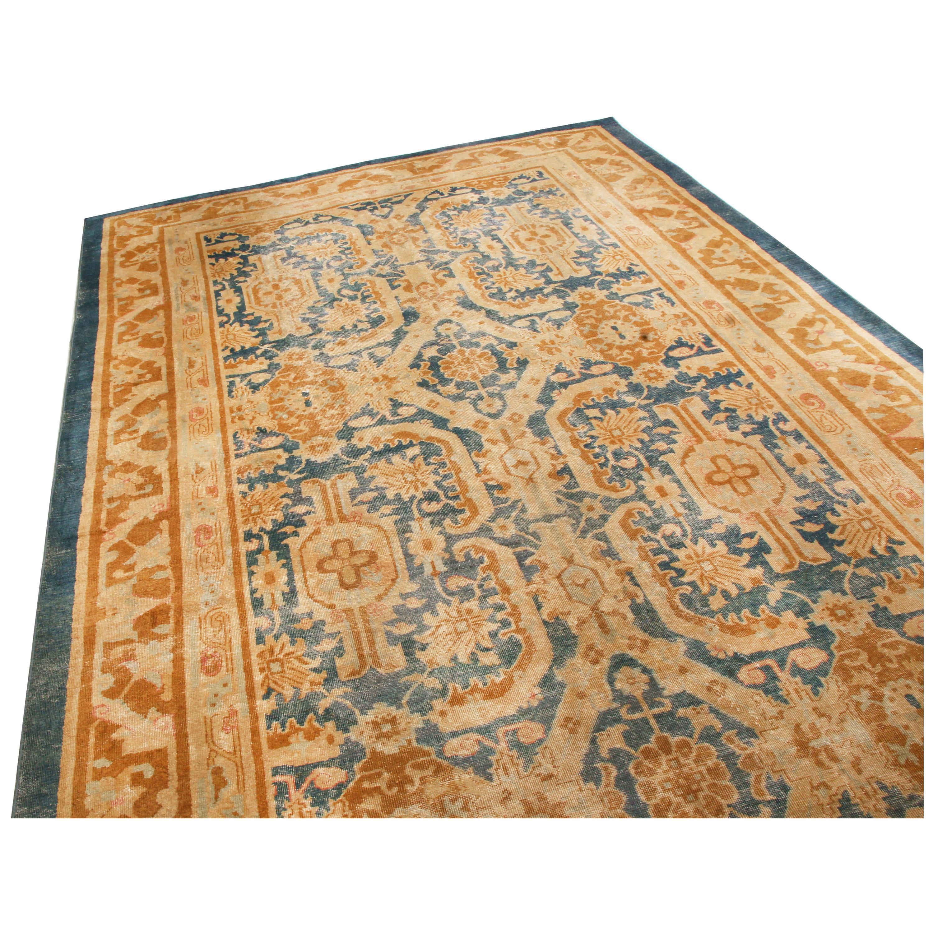 Antique Mahal Traditional Blue and Gold Wool Rug