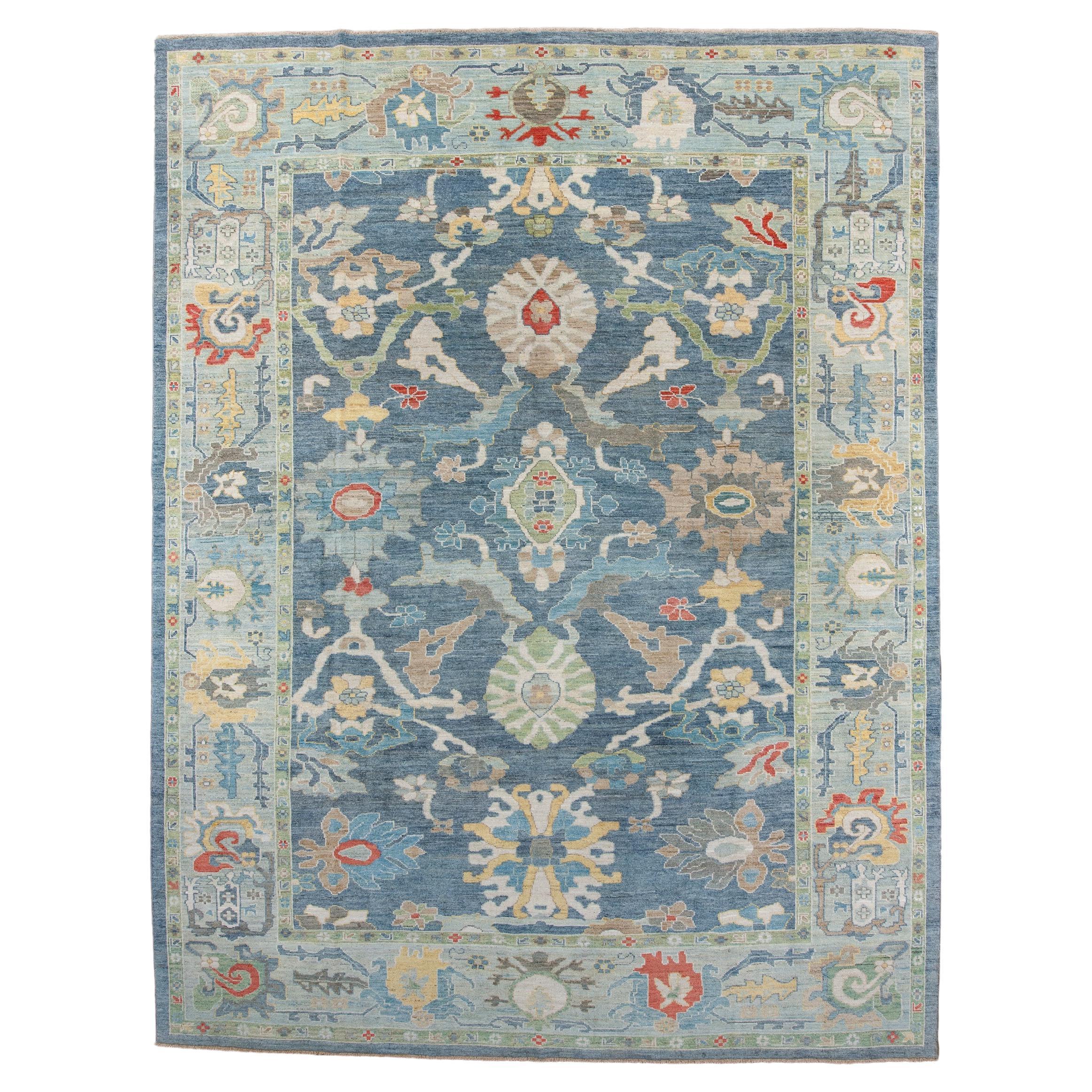 Antique Mahal Village Rug with Blue Ground and Palmette Pattern For Sale