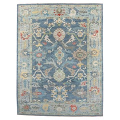 Retro Mahal Village Rug with Blue Ground and Palmette Pattern