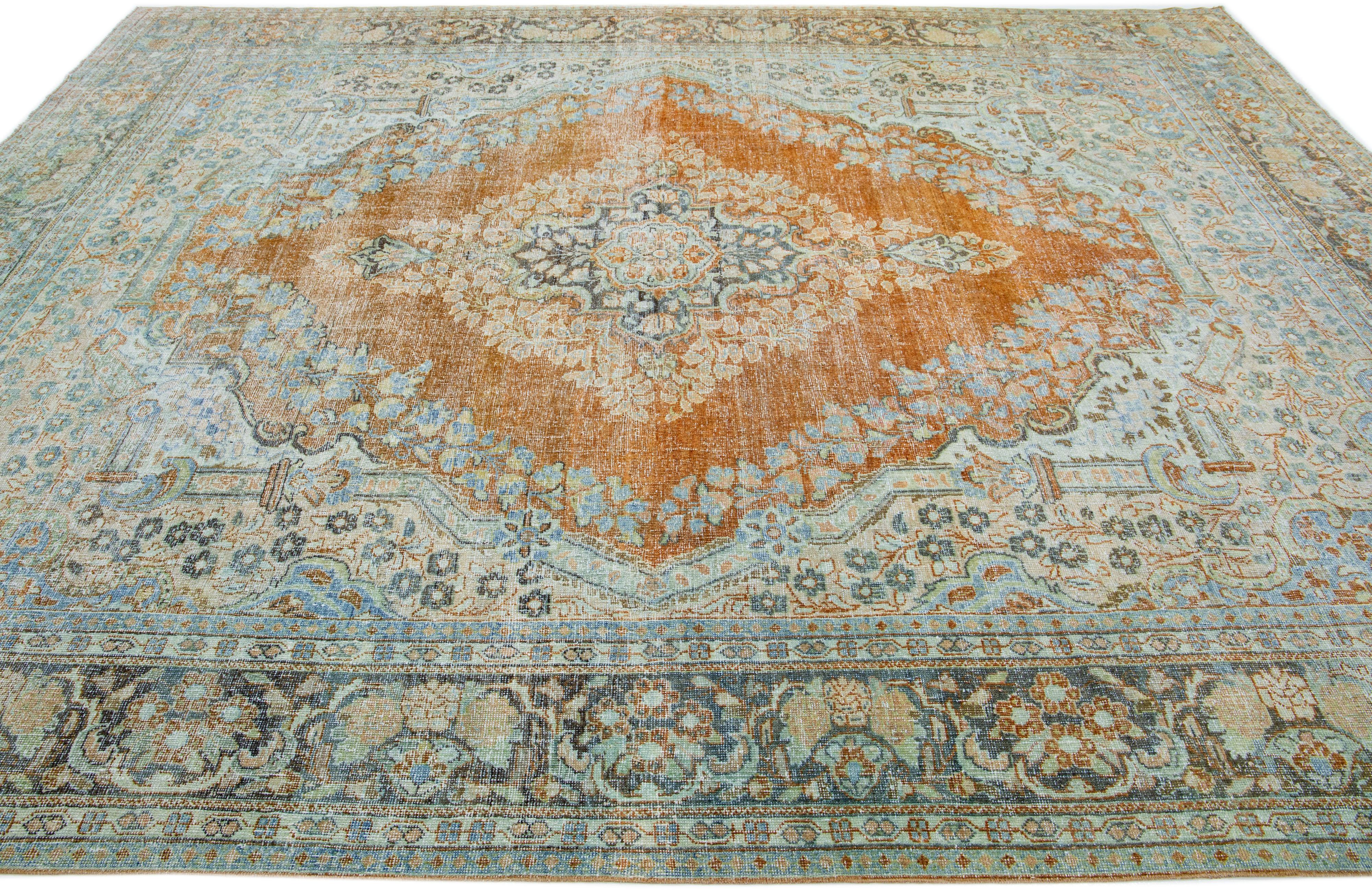 Persian Antique Mahal Wool Rug with Medallion Design in Rust For Sale