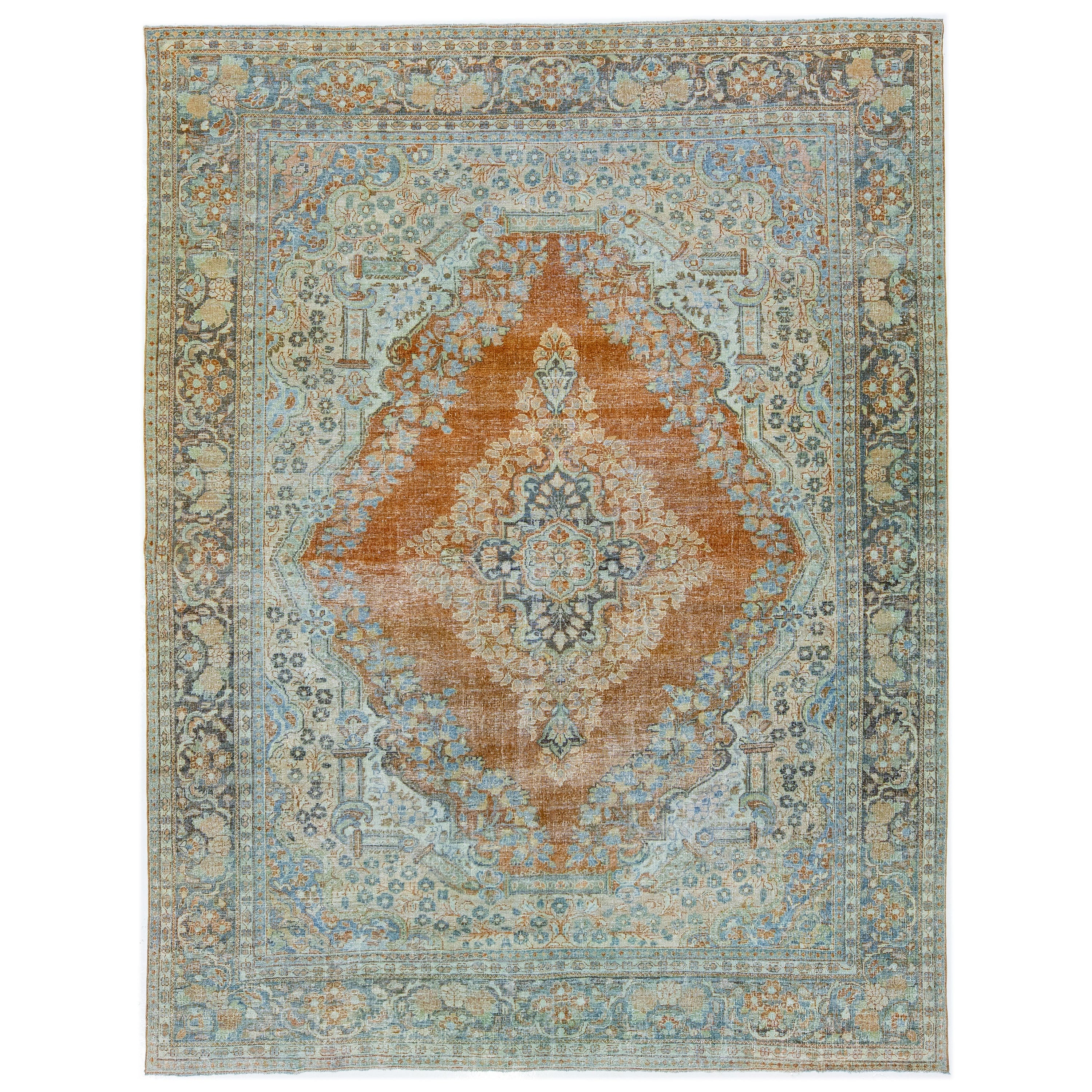 Tapis Mahal ancien en laine avec motif de médaillon en rouille