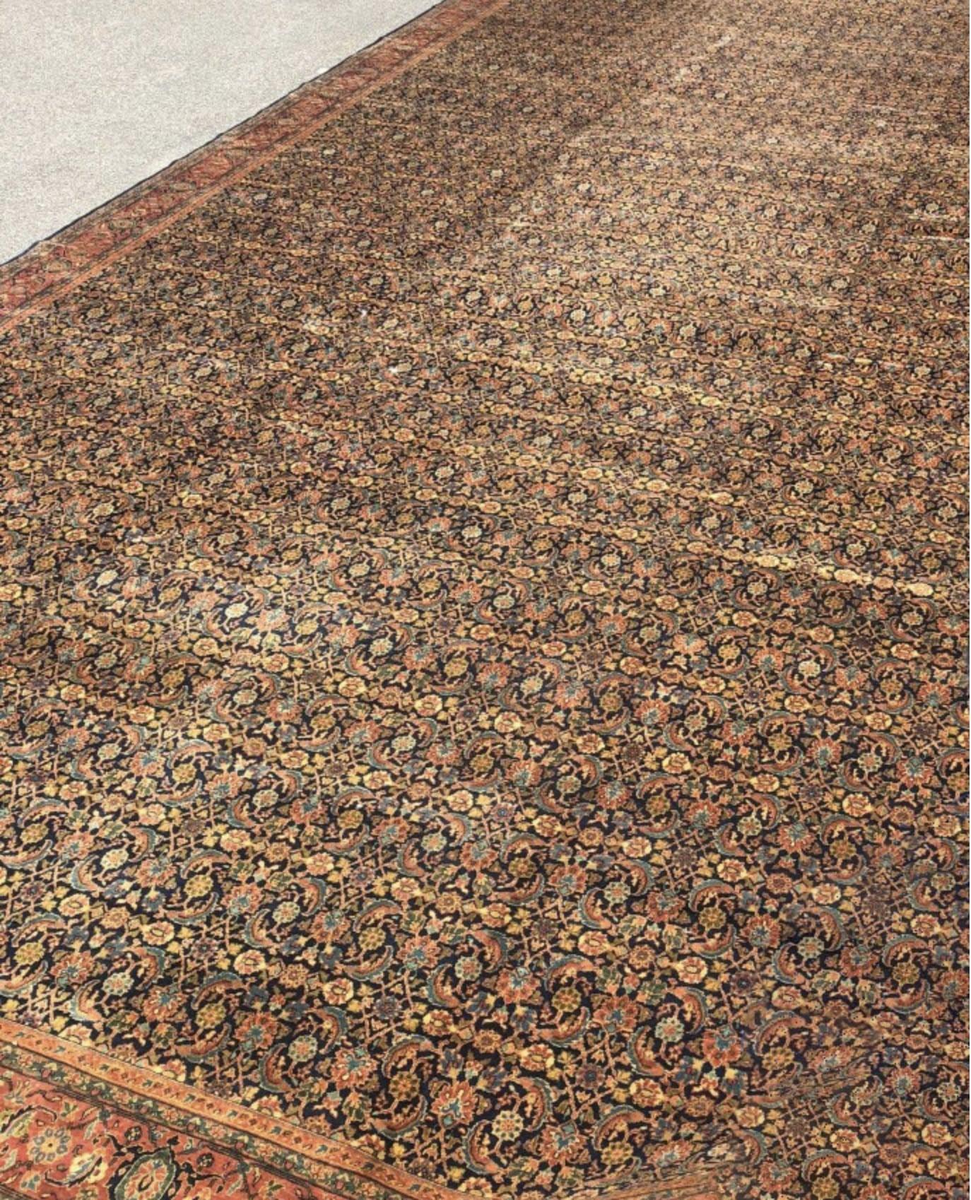 Sarouk rugs come from west central Persia. On a navy field and rust border this rug expresses strength and style with its detailed floral designs scattered over the entire piece creating a wonderful visual setting wherever it will be placed.