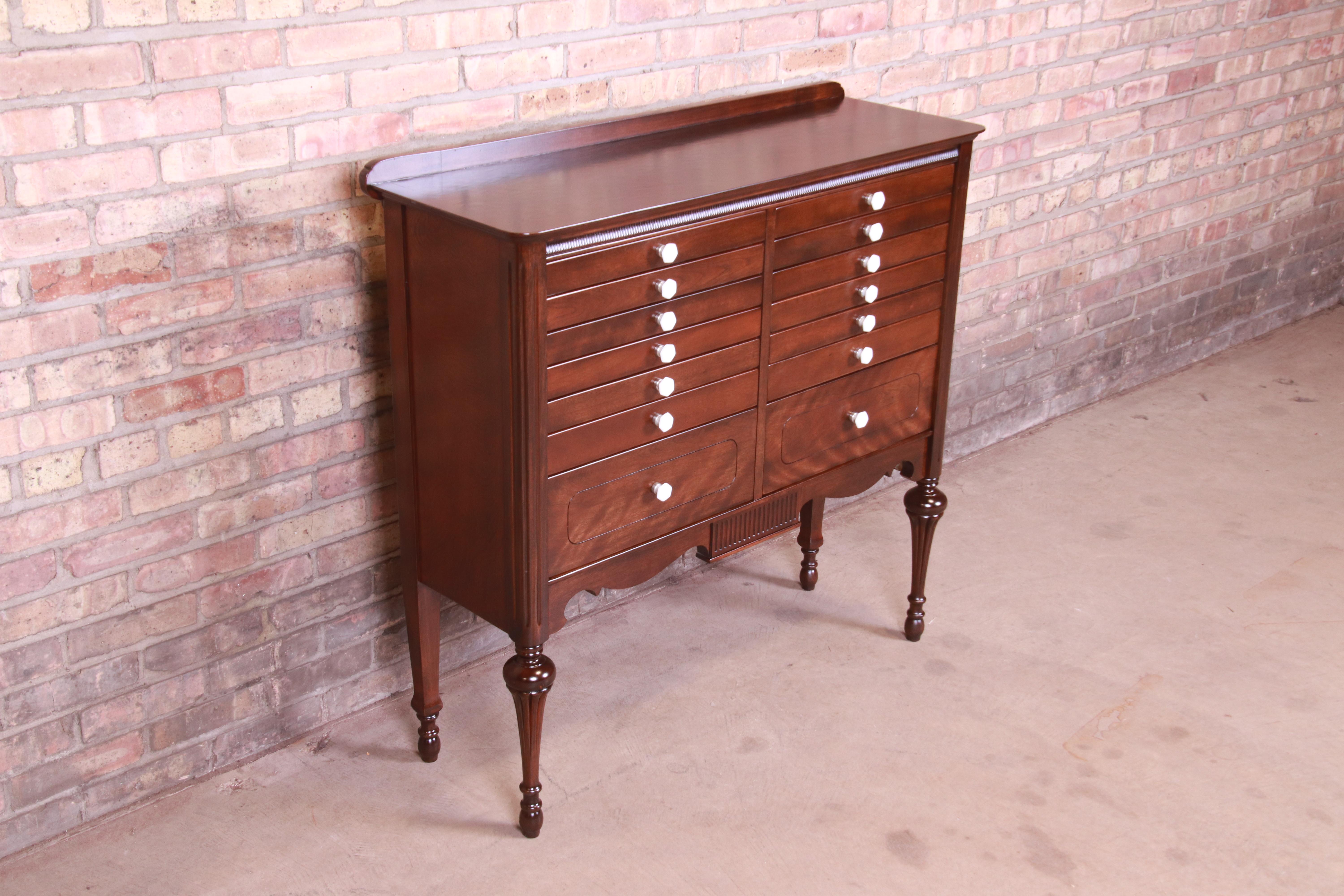 Antique Mahogany 14-Drawer Dental Cabinet, Newly Refinished In Good Condition In South Bend, IN