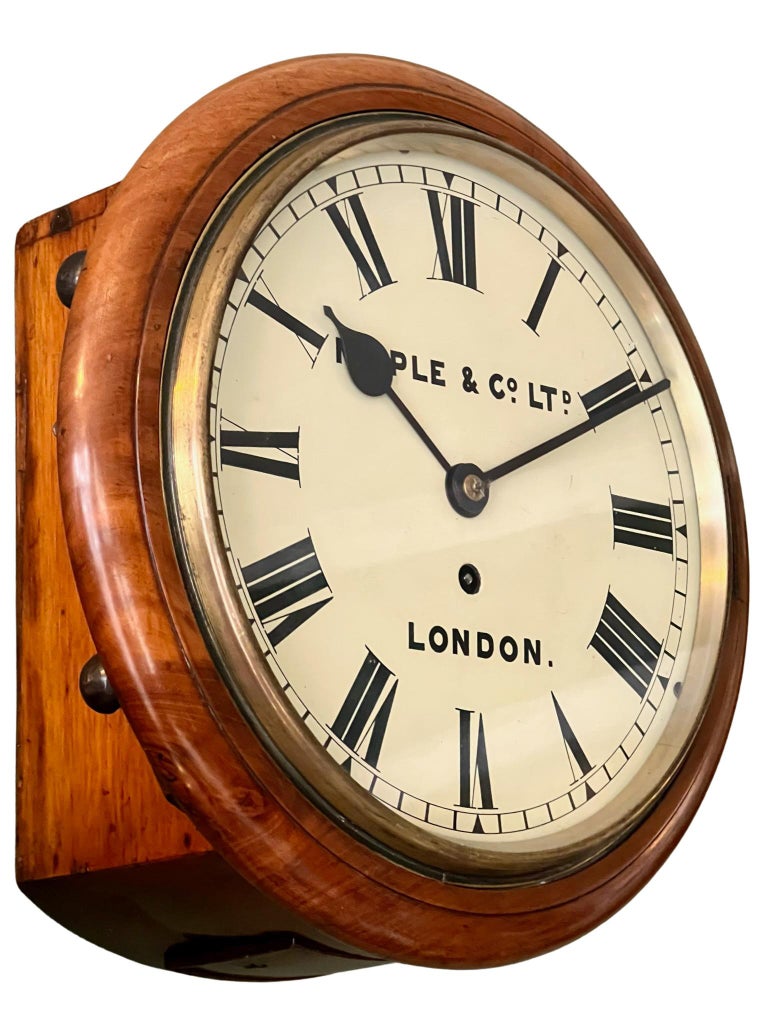 A beautifully crafted antique mahogany eight day single fusee timepiece 10” dial clock made by Maple and Co., London. The clock is designed to run for eight days on a single winding of the mainspring. The clock features a single fusee mechanism,