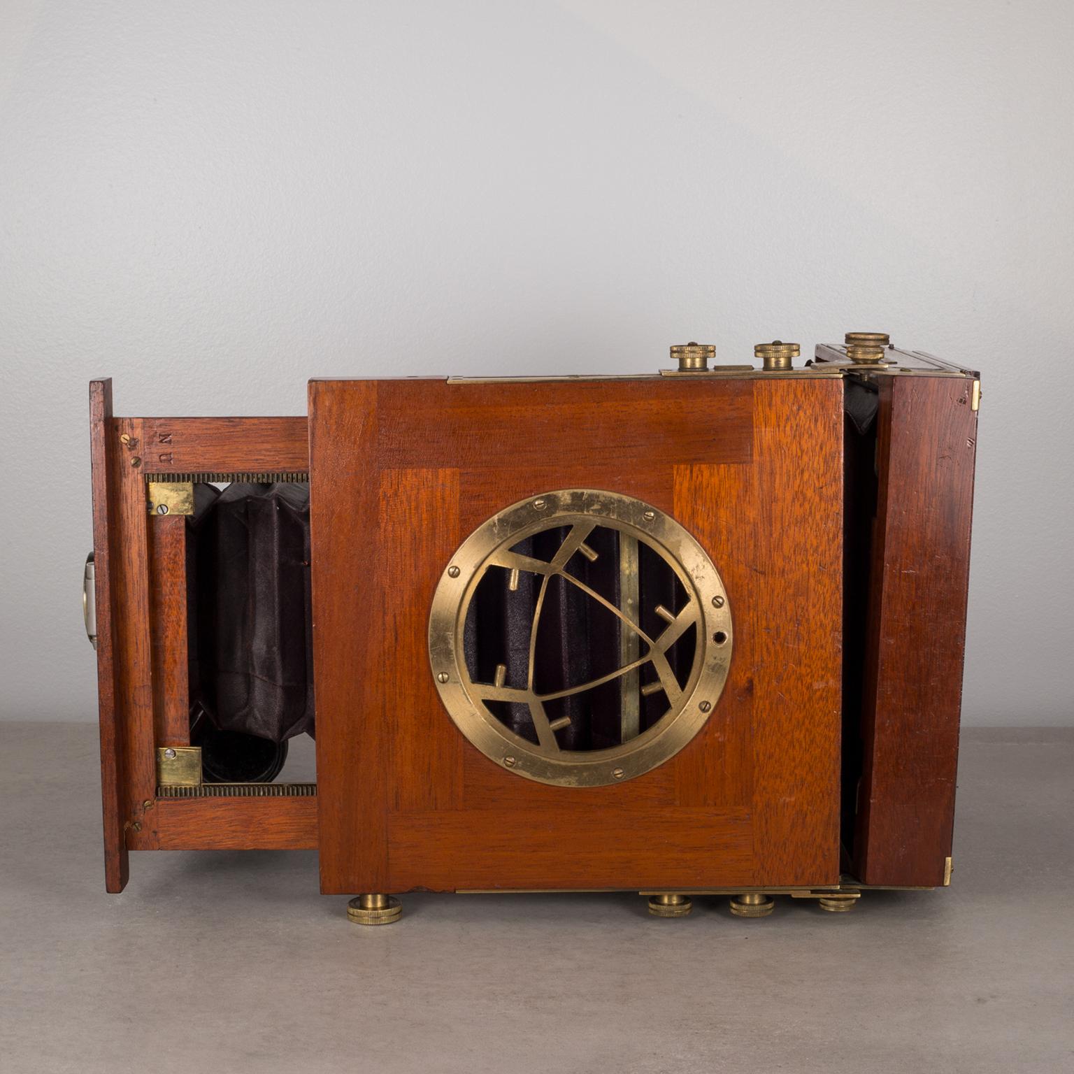 Victorian Antique Mahogany and Large Brass Folding Camera, circa 1890s