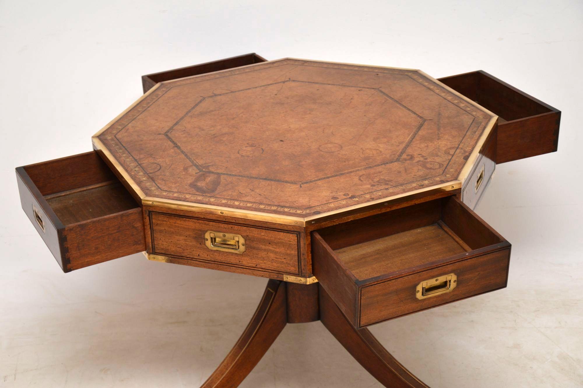 English Antique Mahogany and Leather Campaign Drum Table