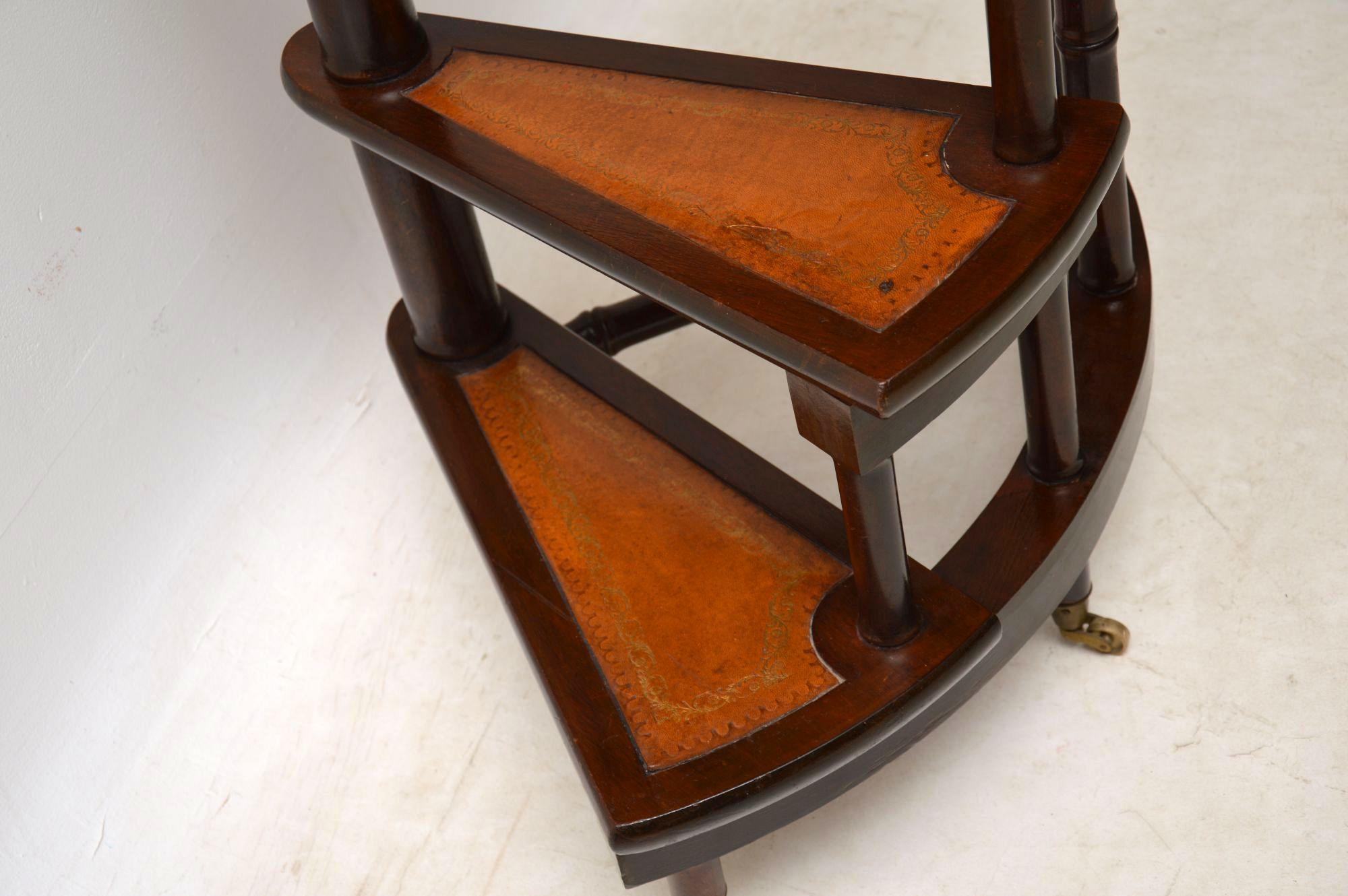 Mid-20th Century Antique Mahogany and Leather Library Steps