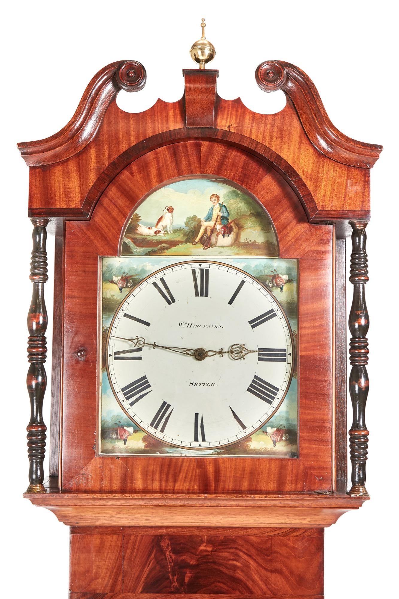 Antique mahogany and oak grandfather clock by WM Hargravers, with a swan-neck pediment, lovely decorative arced painted dial, 30 hour movement striking the hour on a bell, lovely mahogany and oak case, standing on original shaped bracket