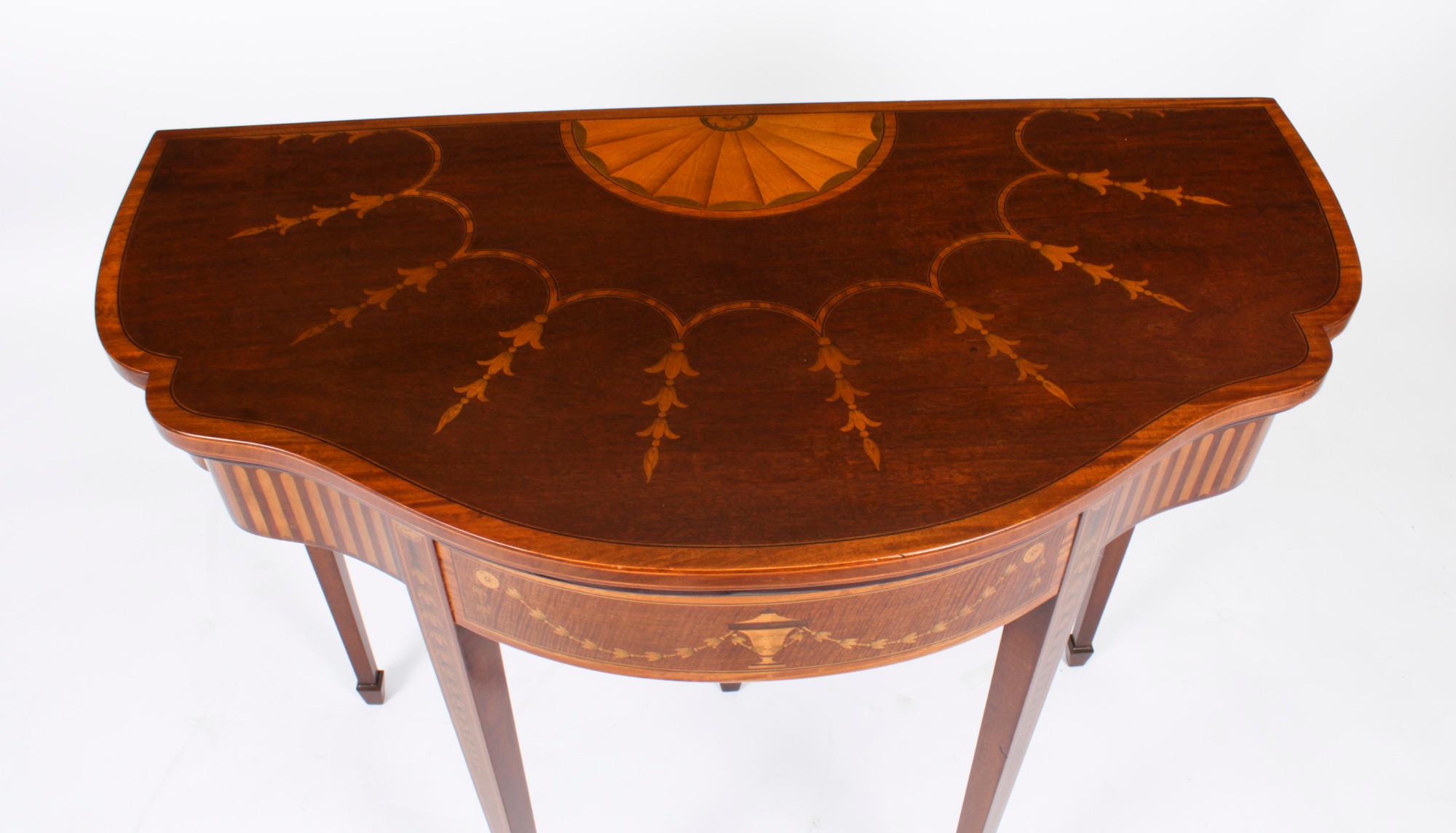 Antique Mahogany and Satinwood Inlaid Serpentine Card Console Table 19th Century For Sale 6
