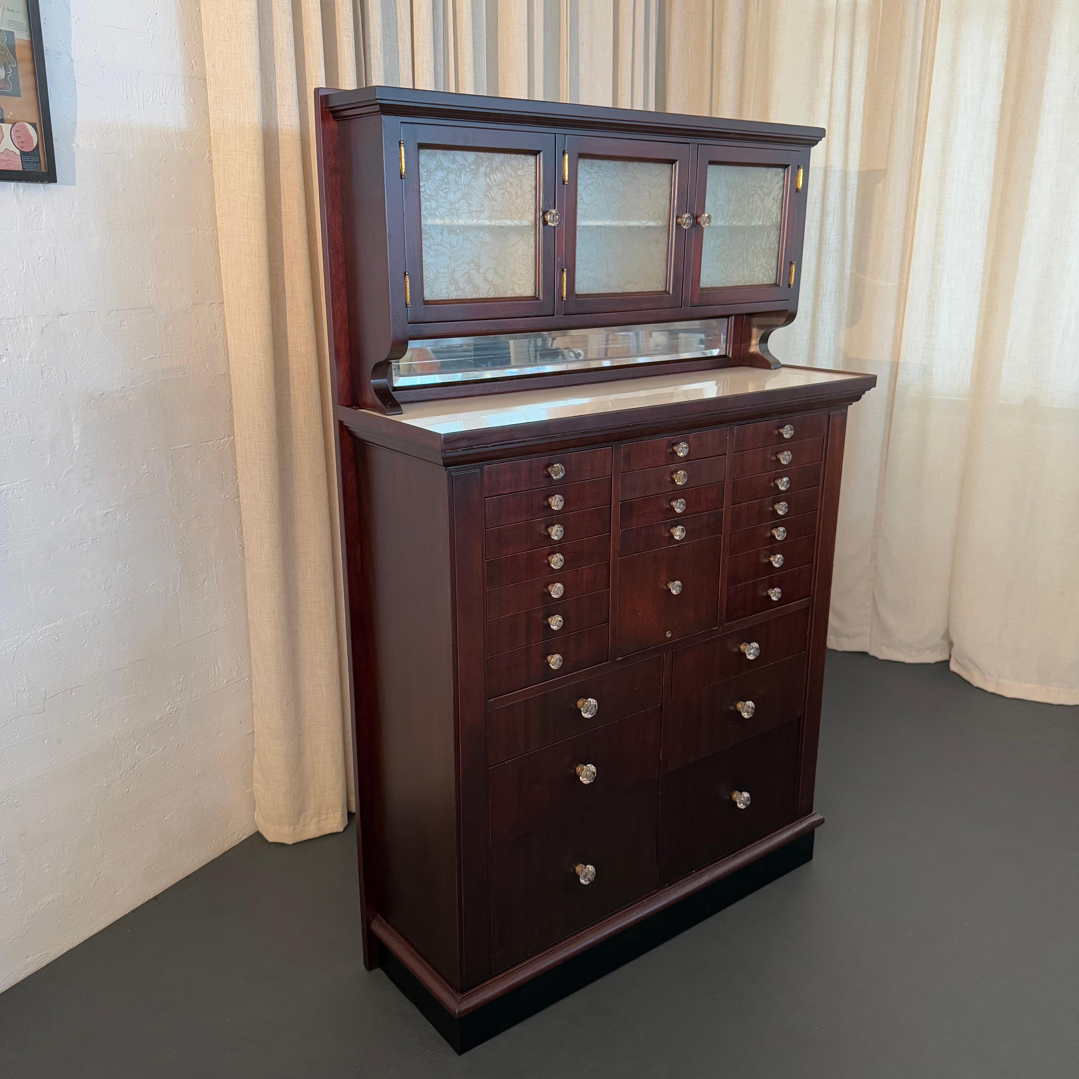 Etched Antique Mahogany Apothecary Dentist Cabinet By The American Cabinet Company For Sale