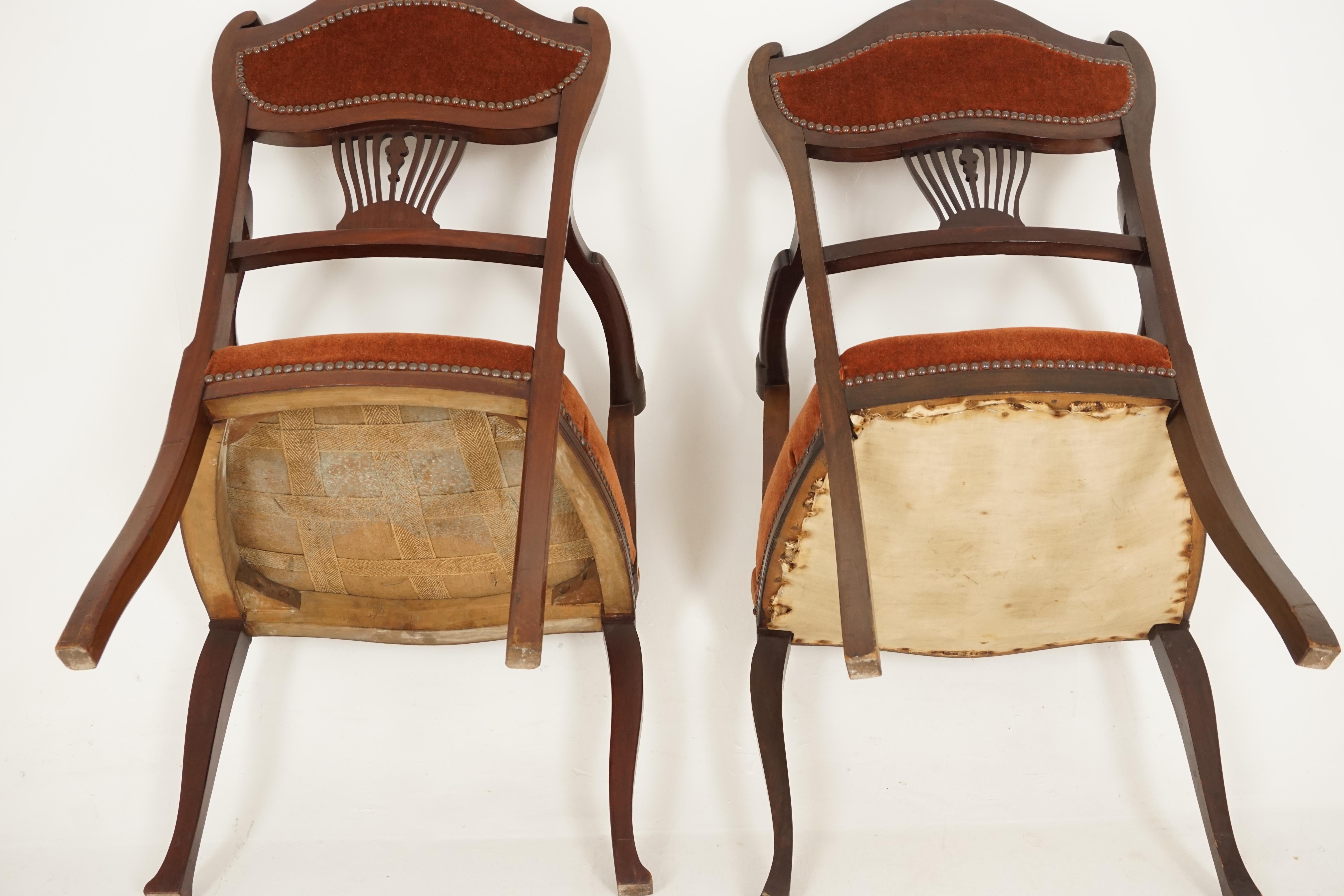 Antique Walnut Arm Chairs, Edwardian, Art Nouveau, Upholstered Seat, B2344 5