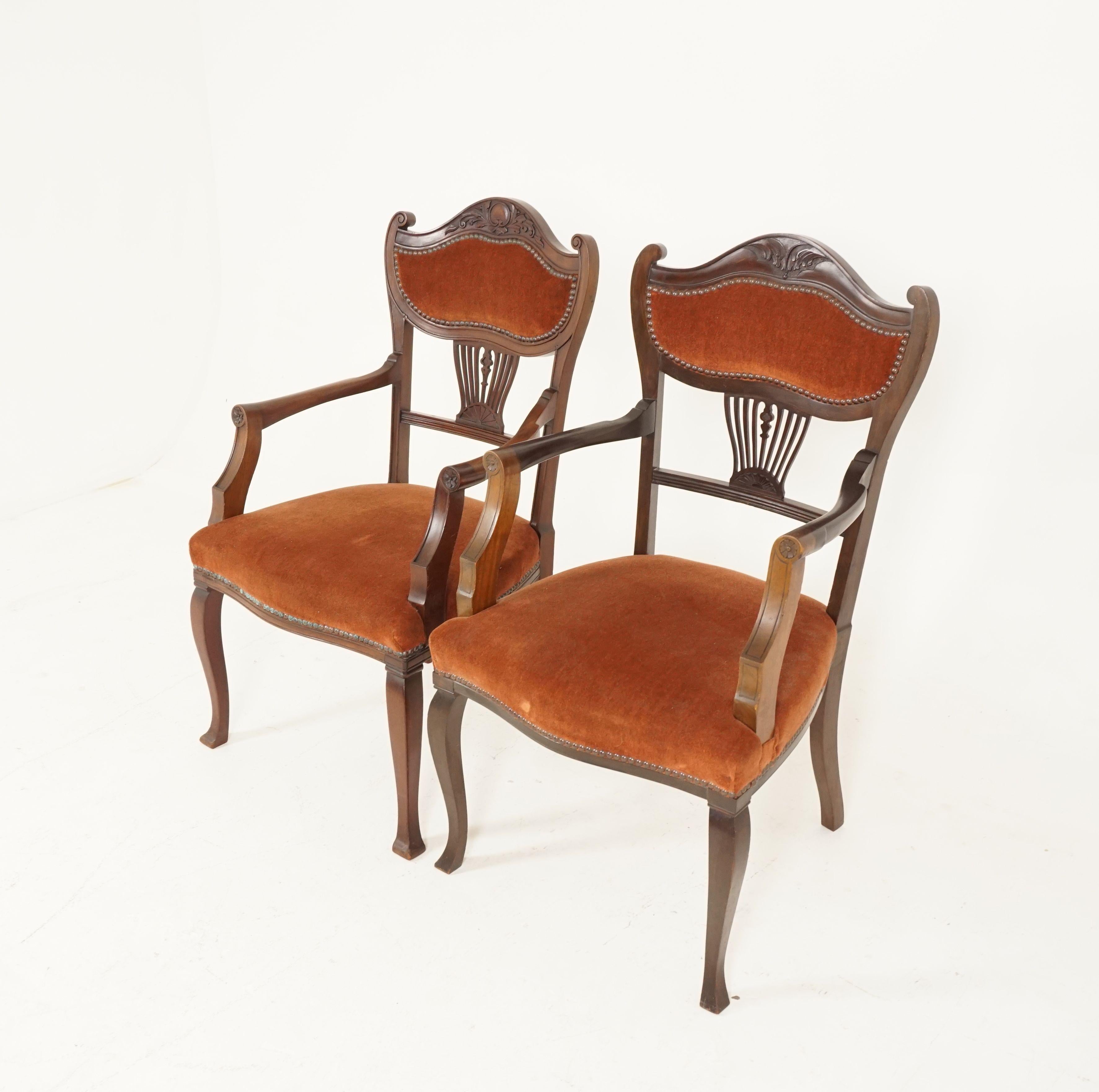 Pair Of Antique Walnut Arm Chairs, Edwardian, Art Nouveau, Upholstered Seat, Scotland 1910, B2344

Scotland 1910
Solid Walnut
Original Finish 
Carved Back Rail With Shaped Supports On The Side 
Upholstered Top
Open Back With Central Shaped Slats