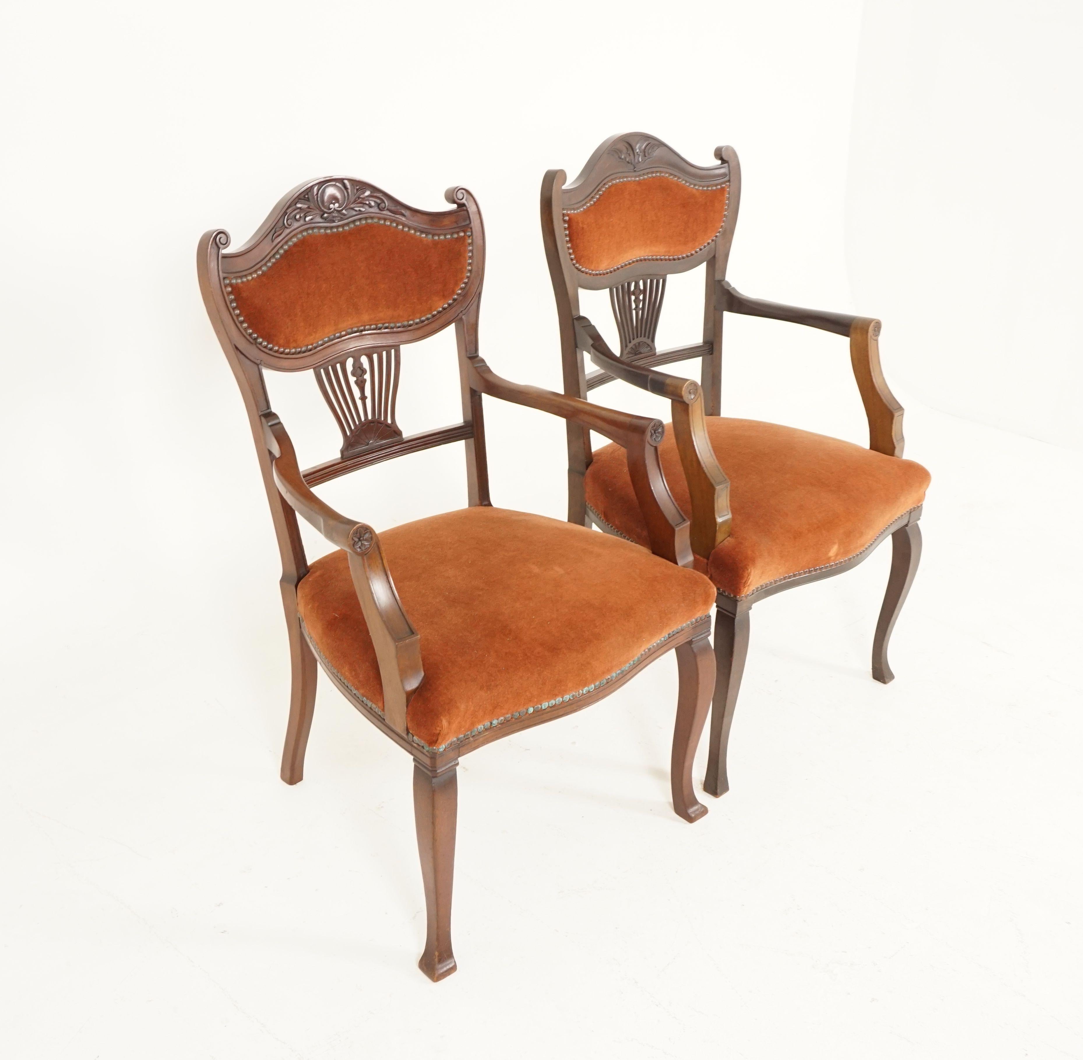 Scottish Antique Walnut Arm Chairs, Edwardian, Art Nouveau, Upholstered Seat, B2344