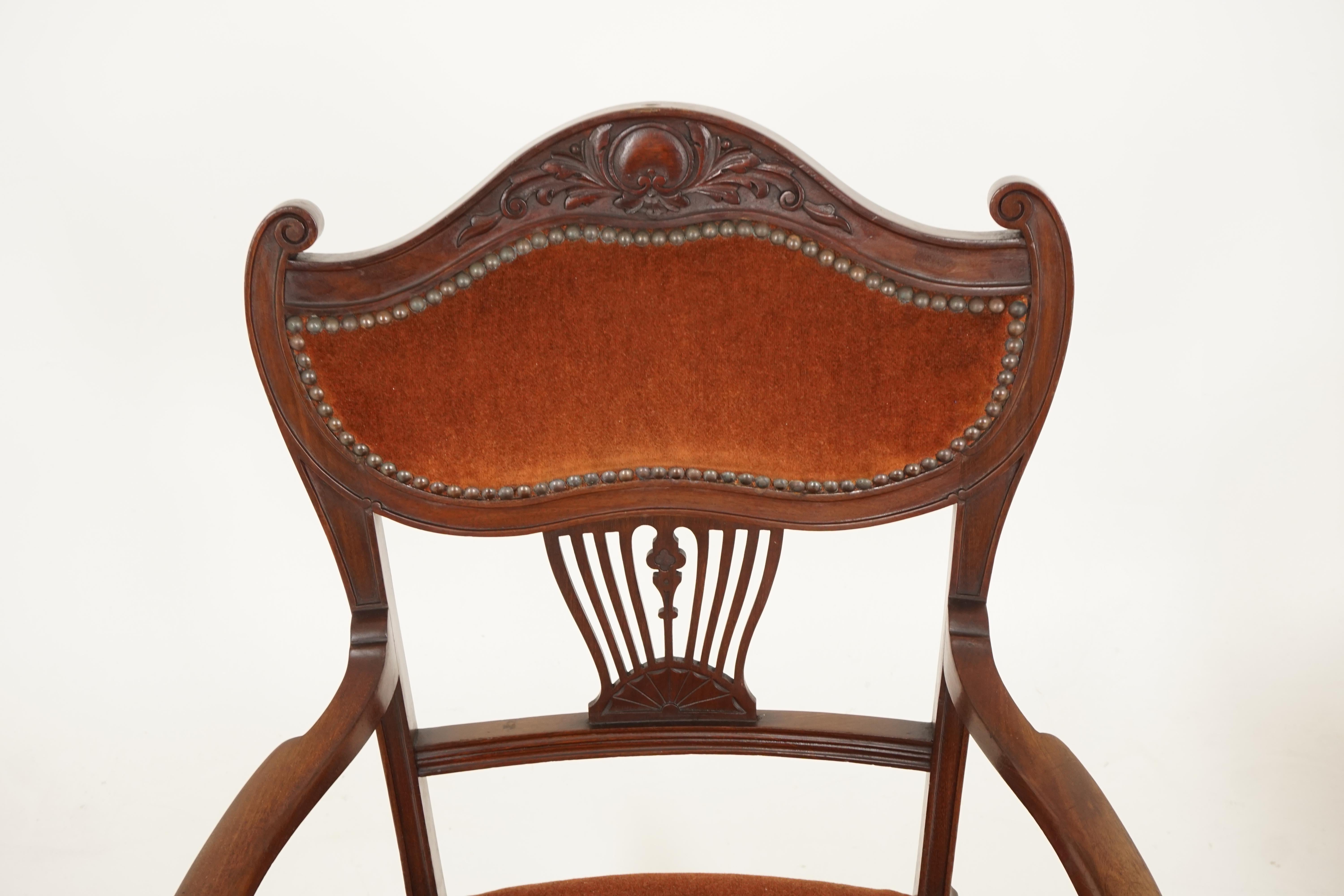 Antique Walnut Arm Chairs, Edwardian, Art Nouveau, Upholstered Seat, B2344 In Good Condition In Vancouver, BC