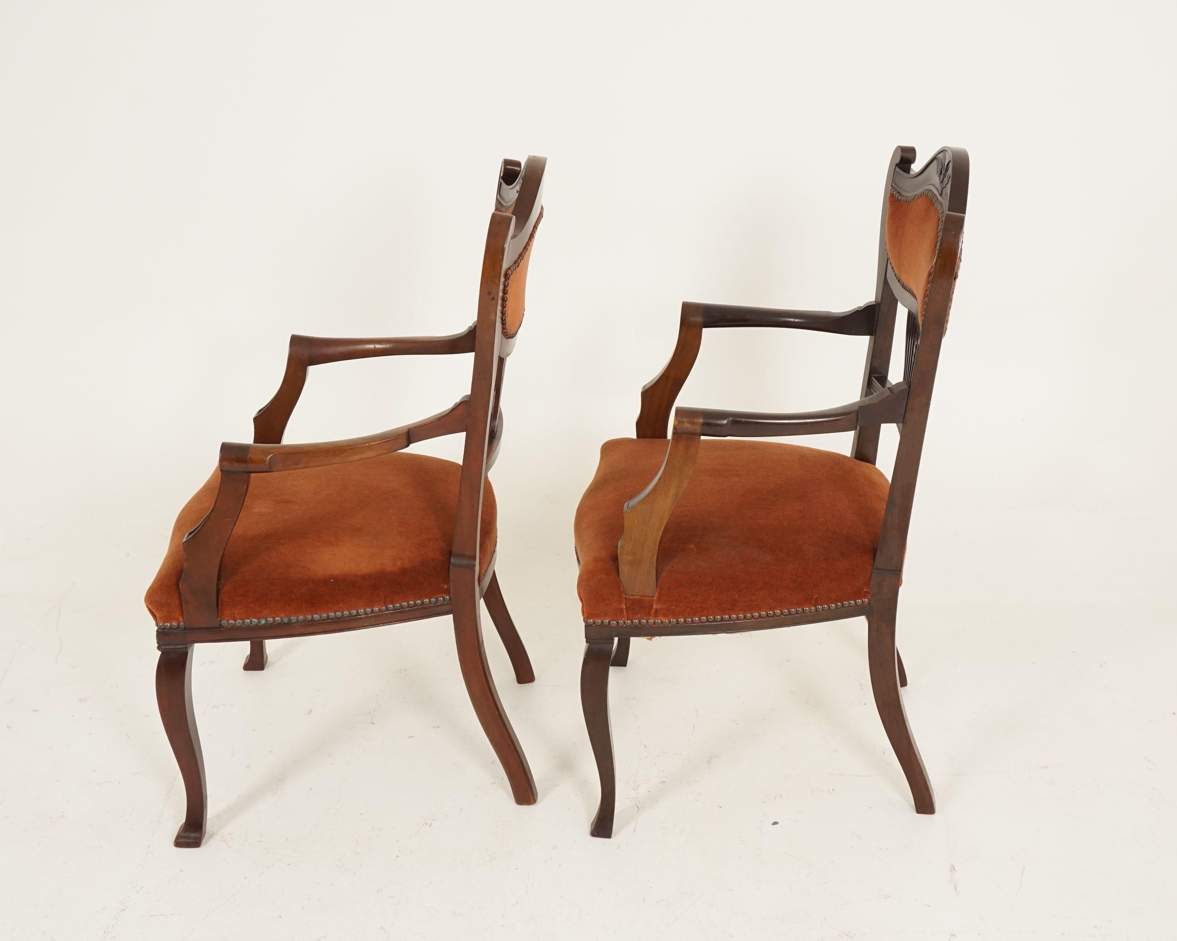 Antique Walnut Arm Chairs, Edwardian, Art Nouveau, Upholstered Seat, B2344 2