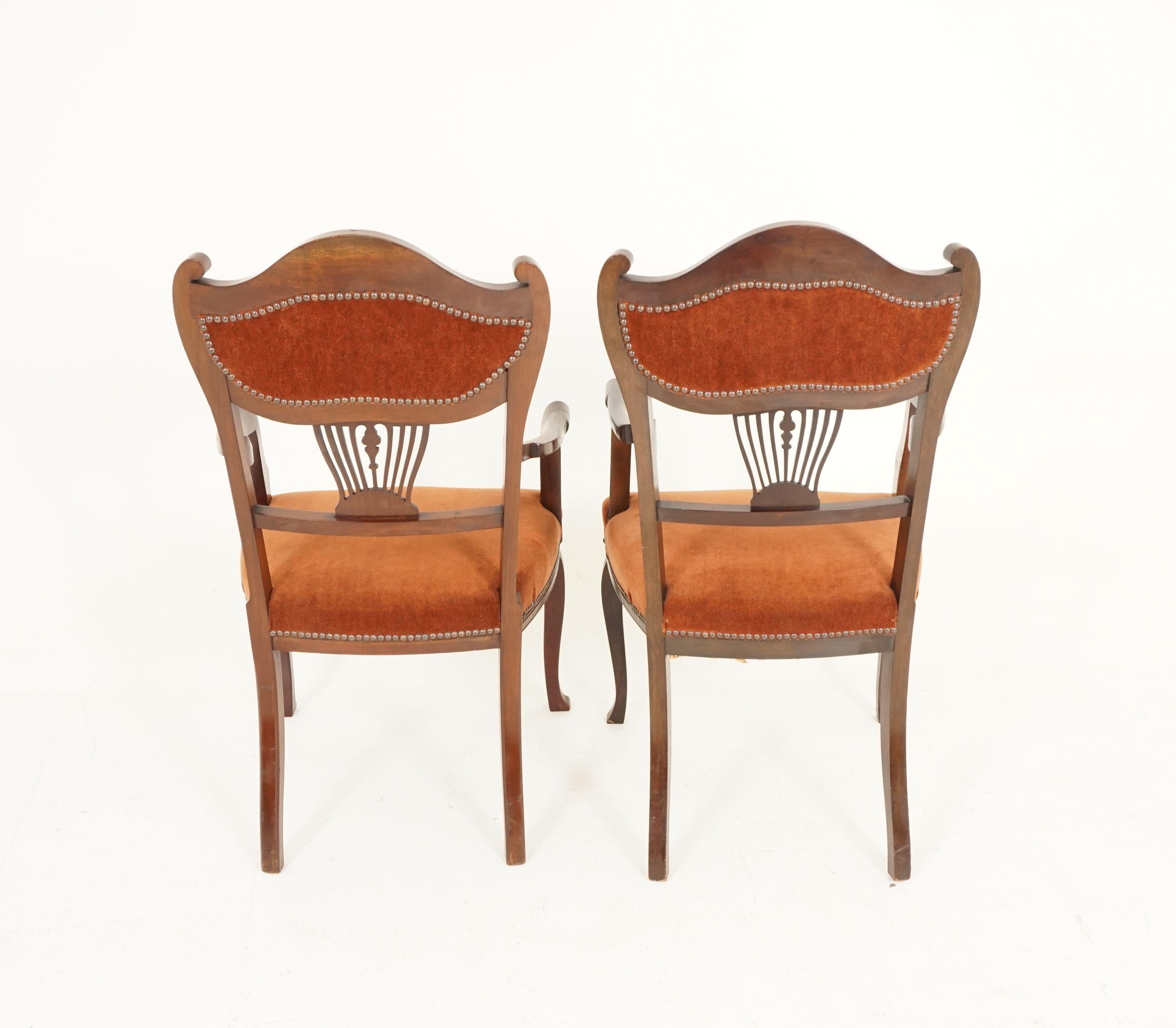 Antique Walnut Arm Chairs, Edwardian, Art Nouveau, Upholstered Seat, B2344 4
