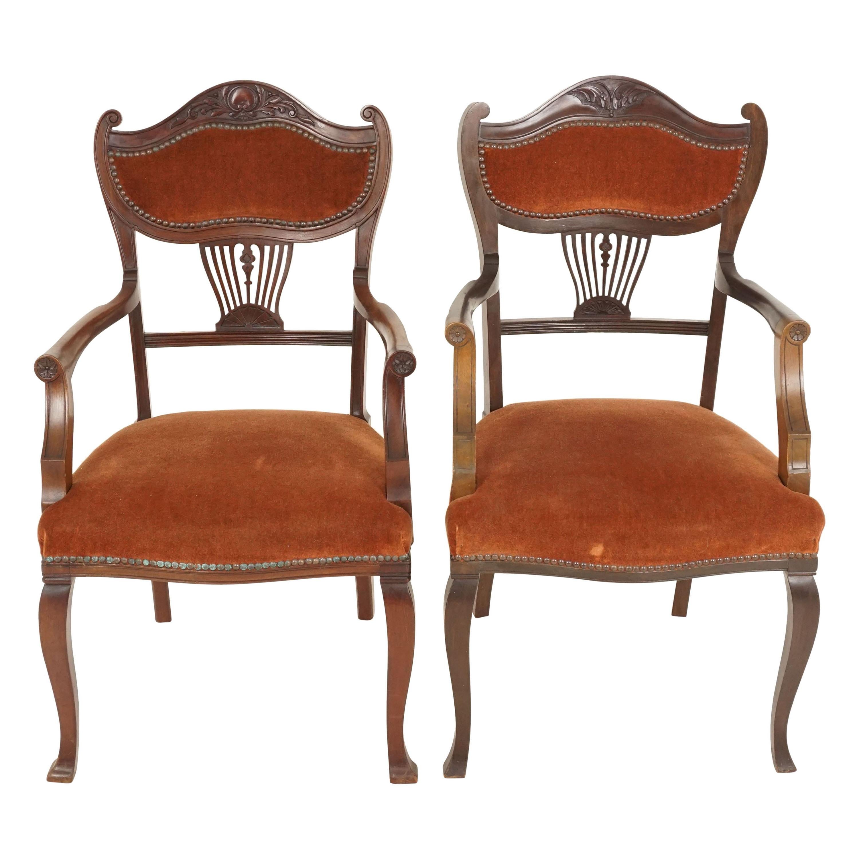 Antique Walnut Arm Chairs, Edwardian, Art Nouveau, Upholstered Seat, B2344