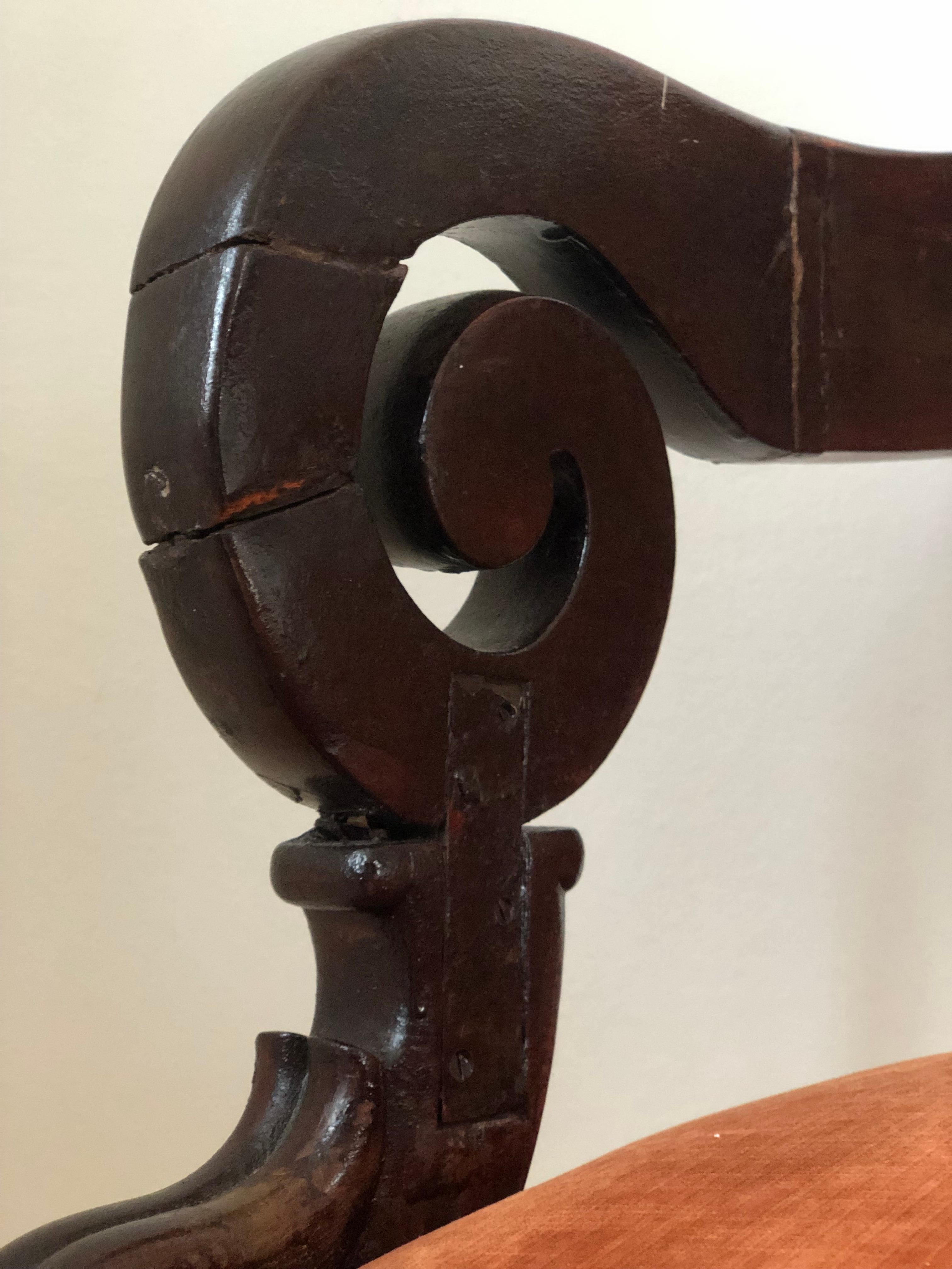 Antique Mahogany Armchair with Burgundy Fabric and Casters United Kingdom 4