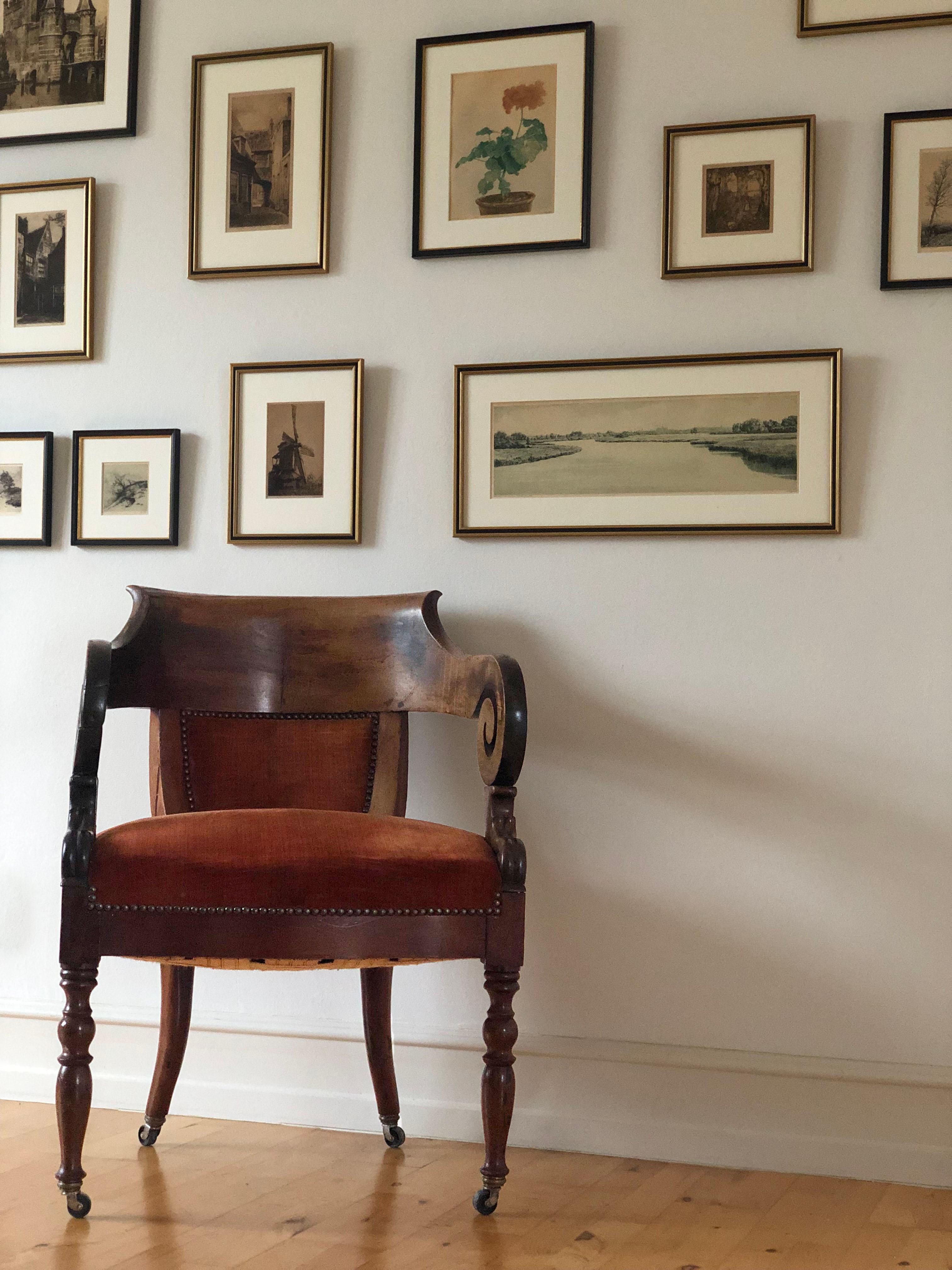Antique Mahogany Armchair with Burgundy Fabric and Casters United Kingdom 6