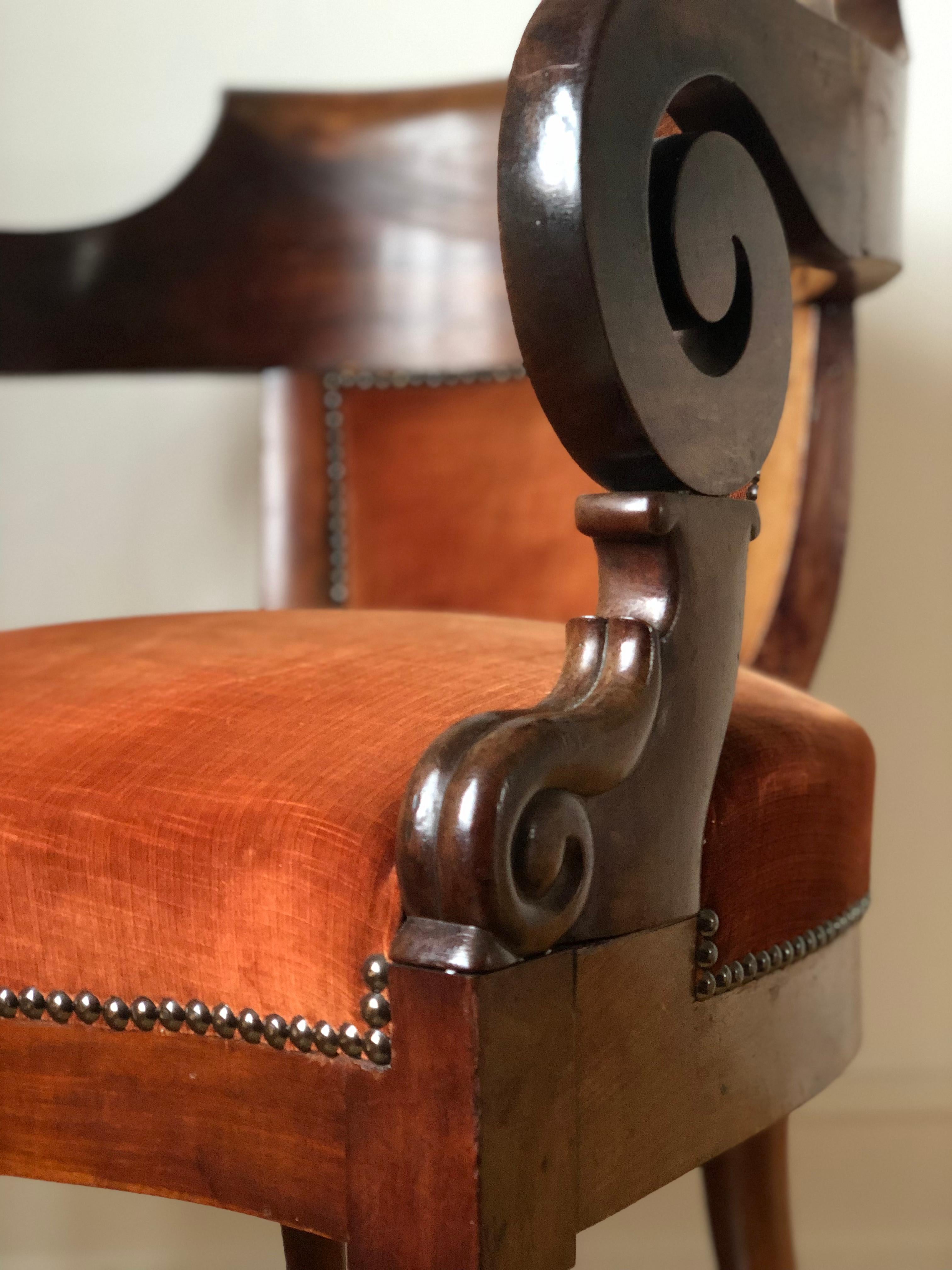 Early Victorian Antique Mahogany Armchair with Burgundy Fabric and Casters United Kingdom