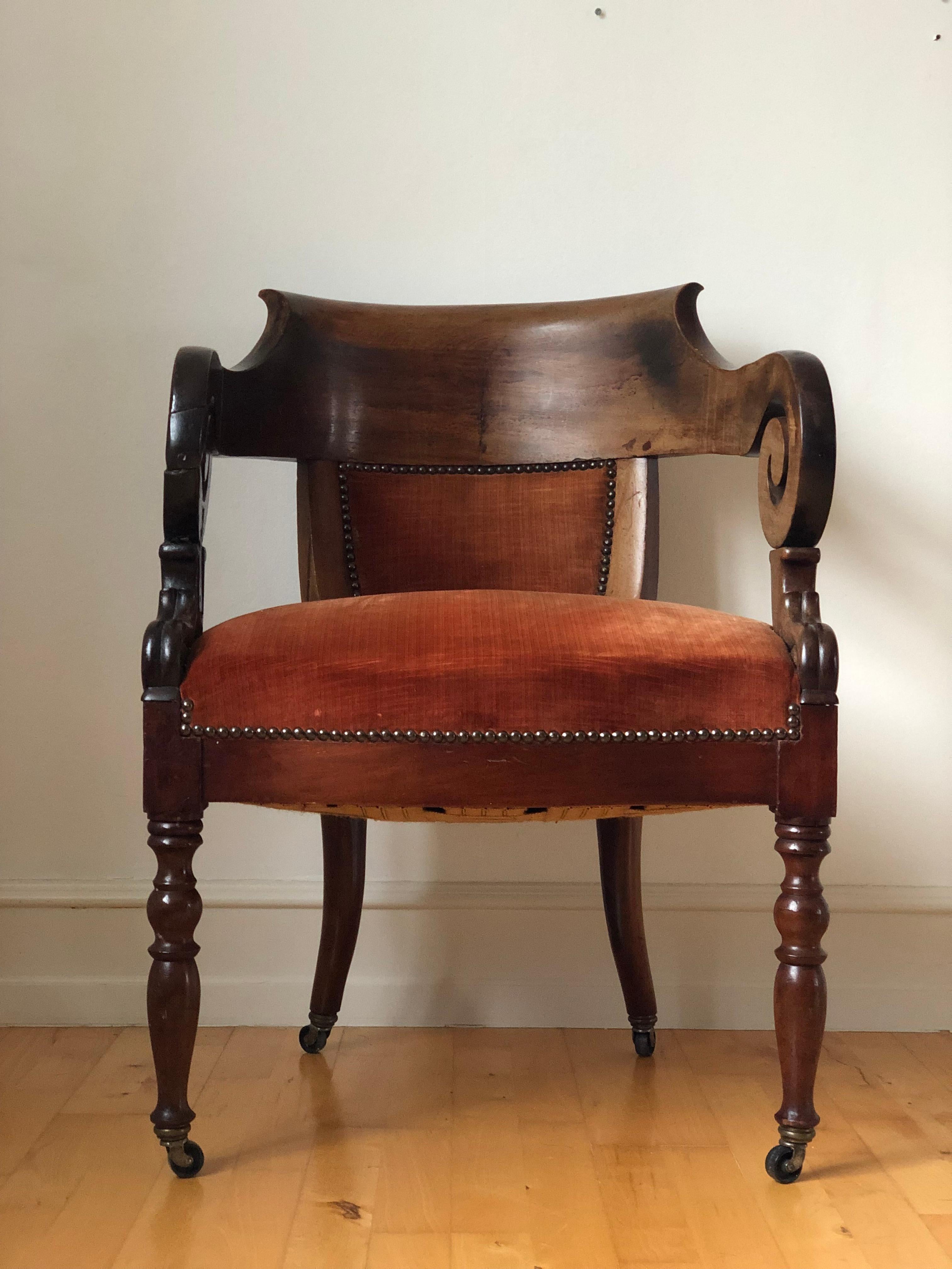 Mid-19th Century Antique Mahogany Armchair with Burgundy Fabric and Casters United Kingdom