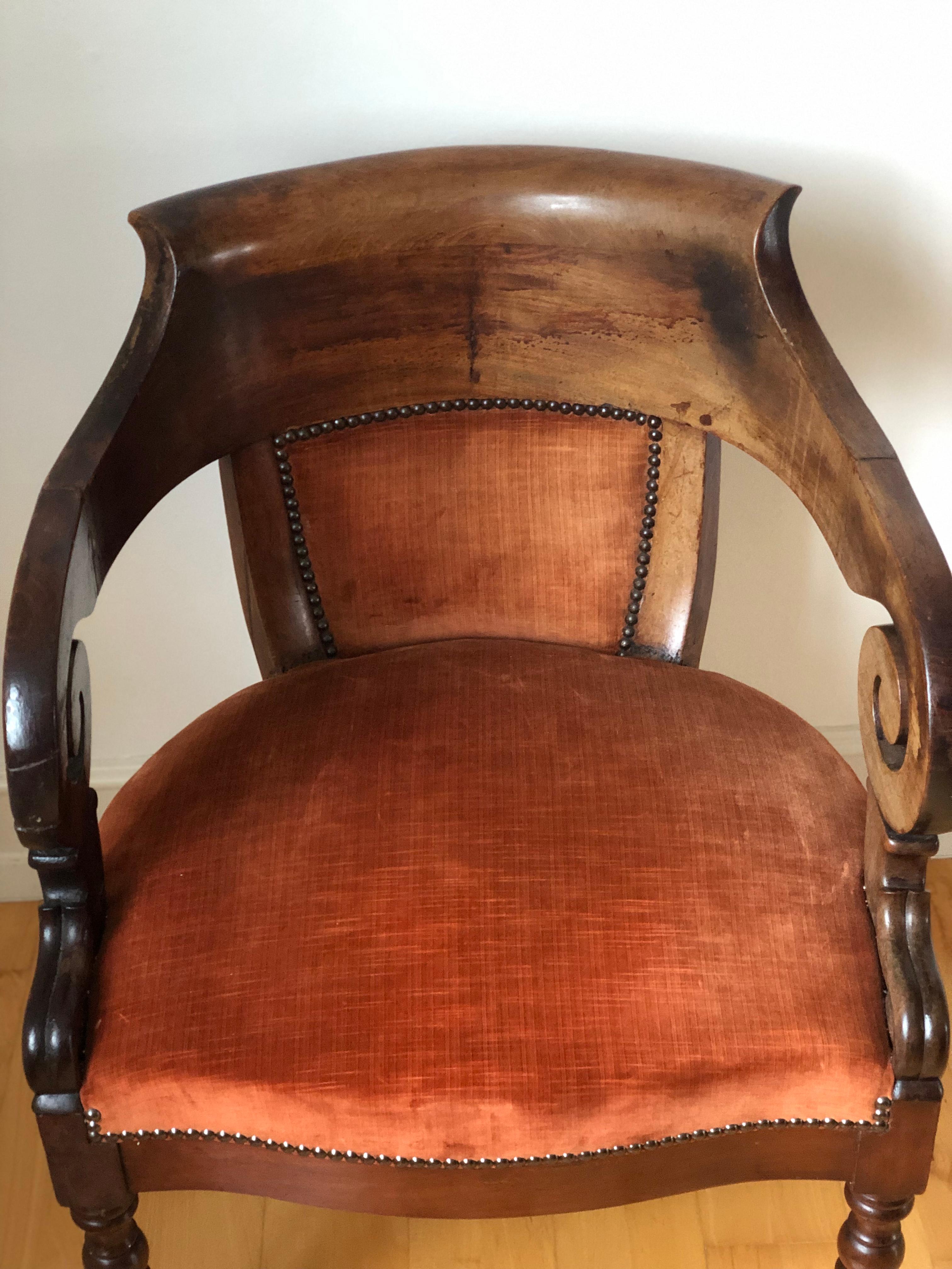 Antique Mahogany Armchair with Burgundy Fabric and Casters United Kingdom 1