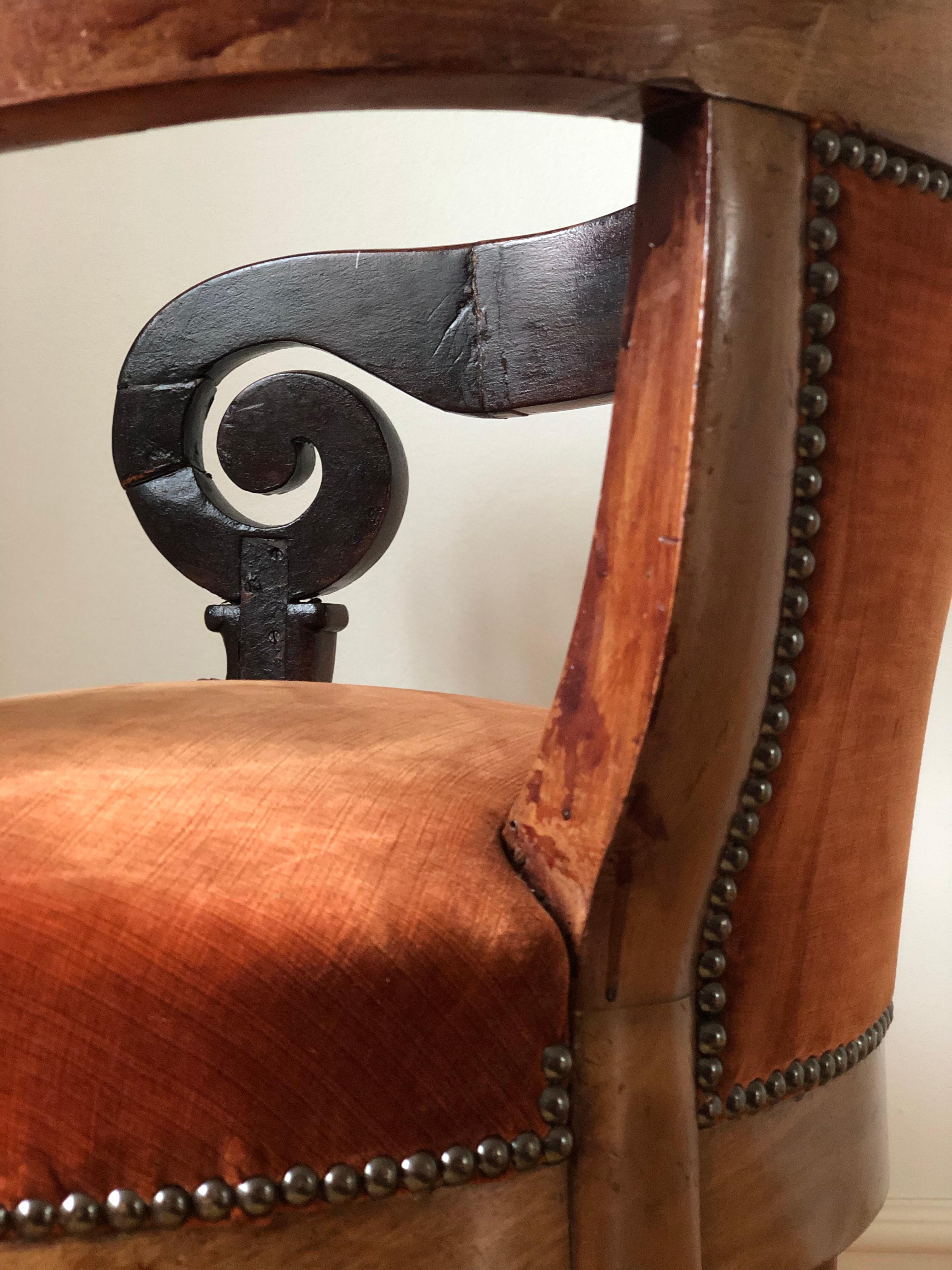 Antique Mahogany Armchair with Burgundy Fabric and Casters United Kingdom 2