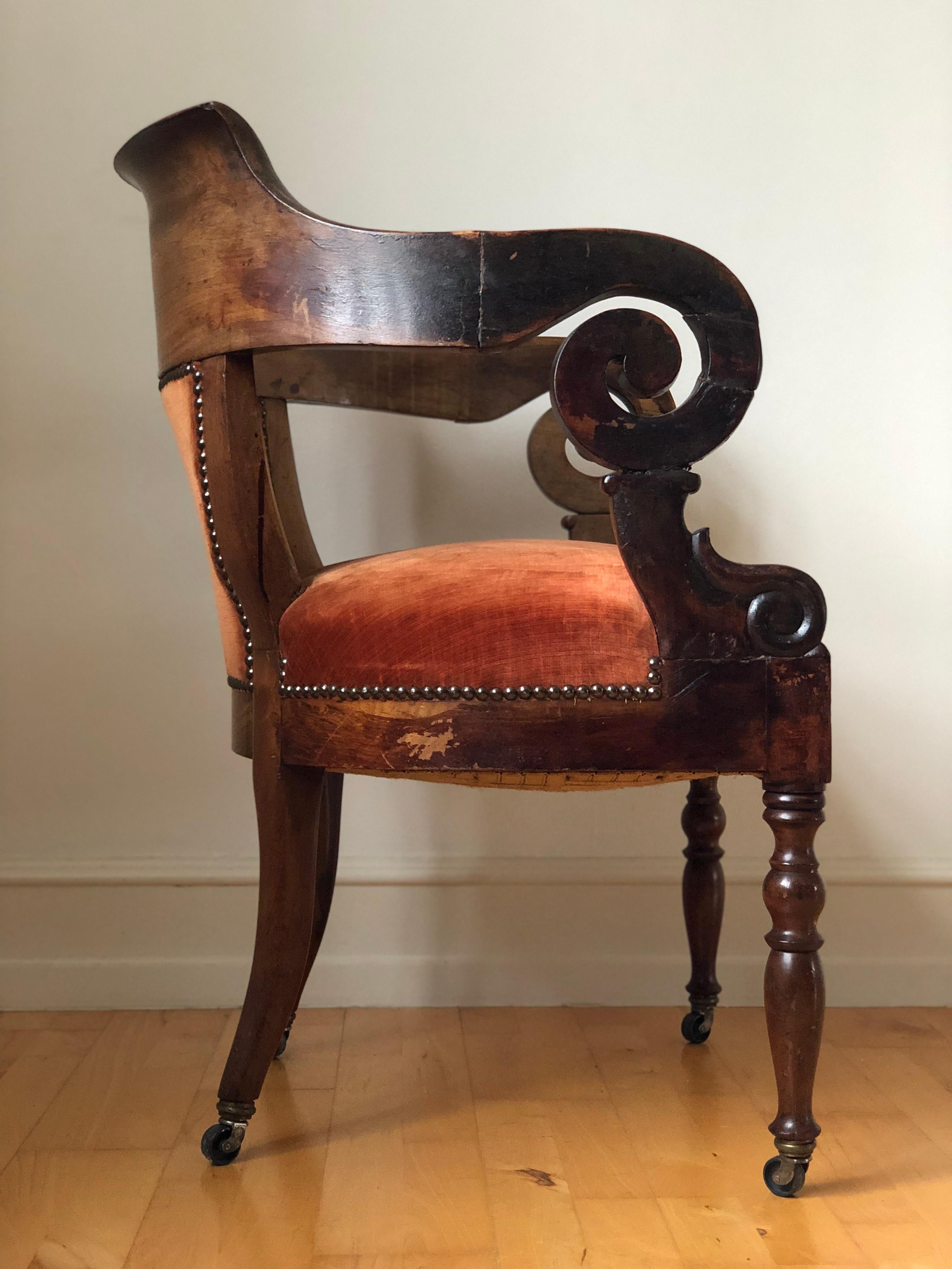 Antique Mahogany Armchair with Burgundy Fabric and Casters United Kingdom 3