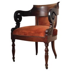Fauteuil ancien en acajou avec tissu bourgogne et roulettes Royaume-Uni