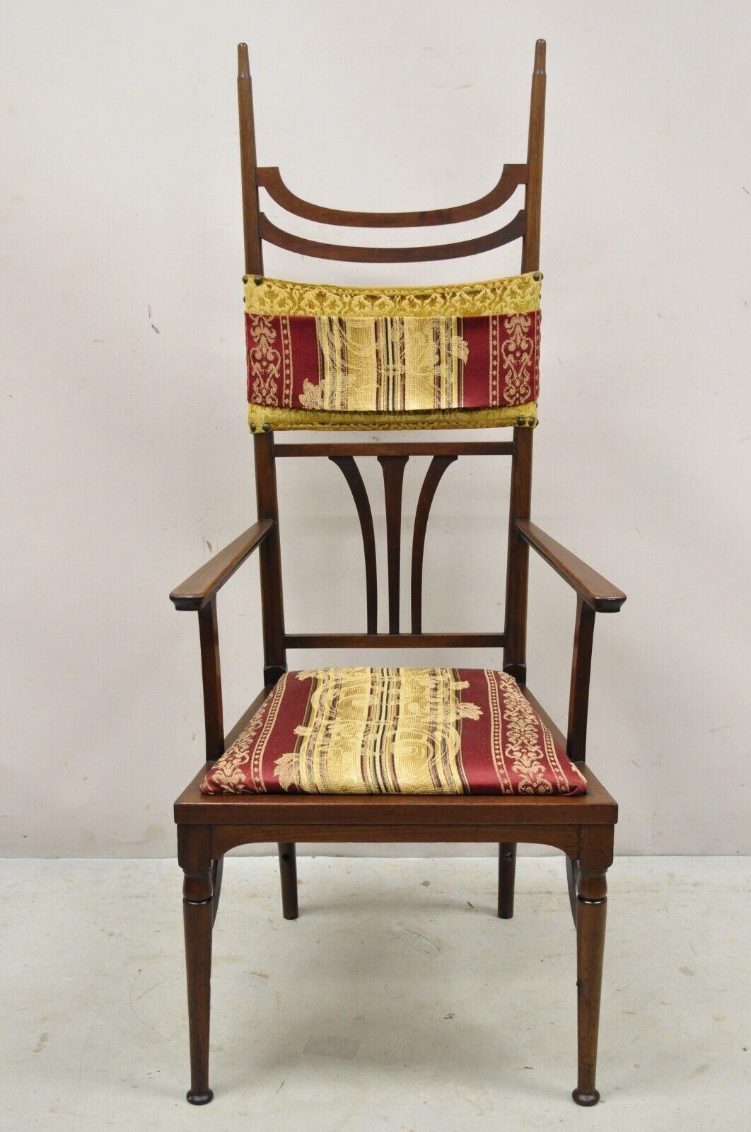 Antique Mahogany Art Nouveau tall finial parlor chair after J.S. Henry. Maker unconfirmed but in the manner of J.S. Henry, tall carved finials, solid mahogany wood frames, nicely carved details, tapered legs, very nice antique item, quality