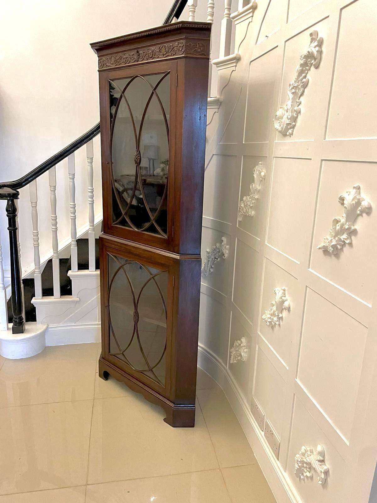 English Antique Mahogany Astragal Glazed Carved Corner Cabinet For Sale