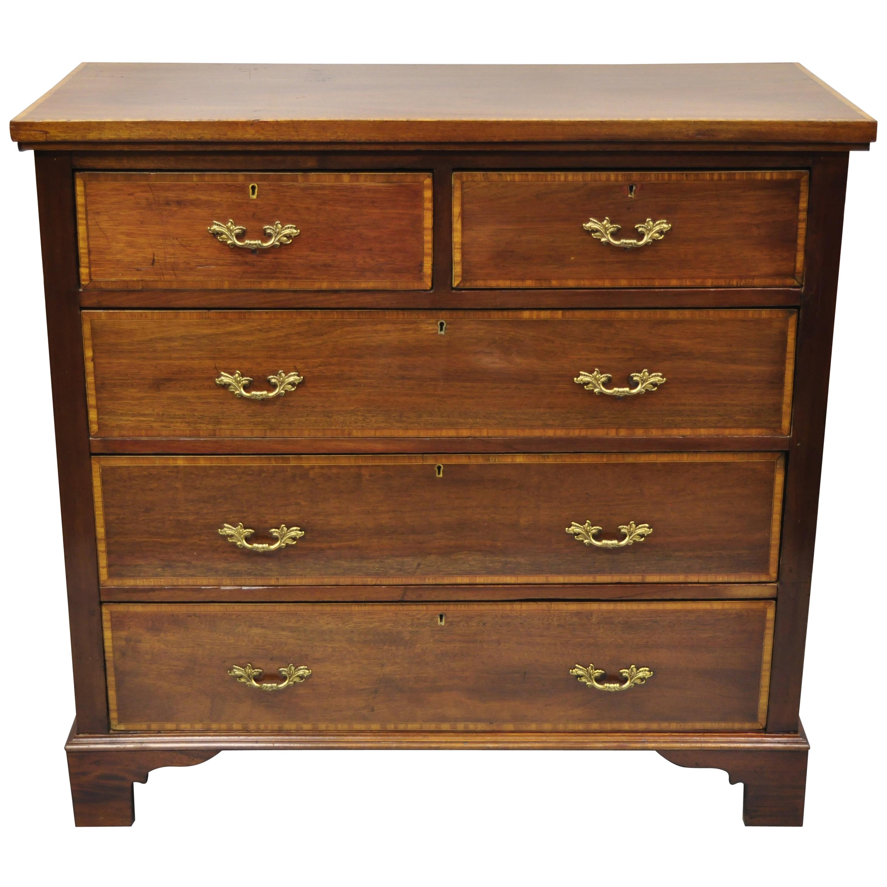 Antique Mahogany Banded Satinwood Inlay 5 Drawer Federal Bachelor Chest Dresser For Sale