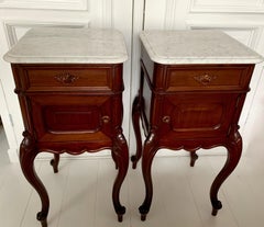 Wonderful Nutwood Bedside Cabinets / Night Stands w. Snow White Marble Tops