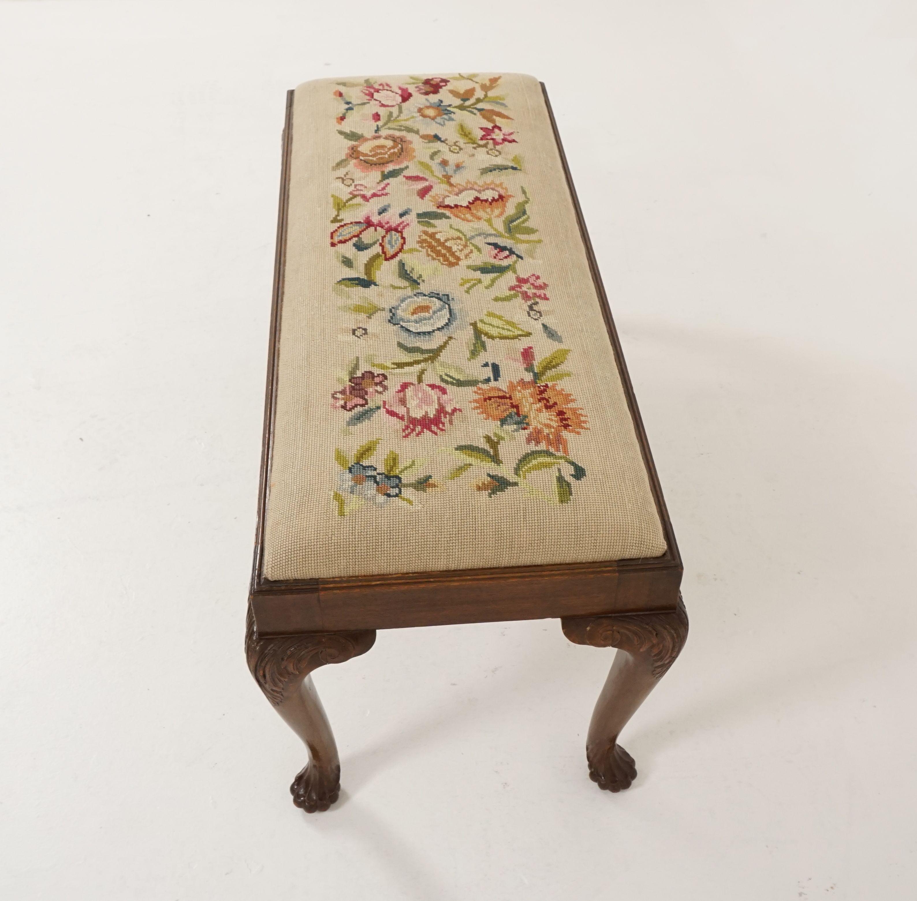 Antique Walnut Bench, Chippendale Style, Long Duet Stool, Scotland 1920, B2192 In Good Condition In Vancouver, BC