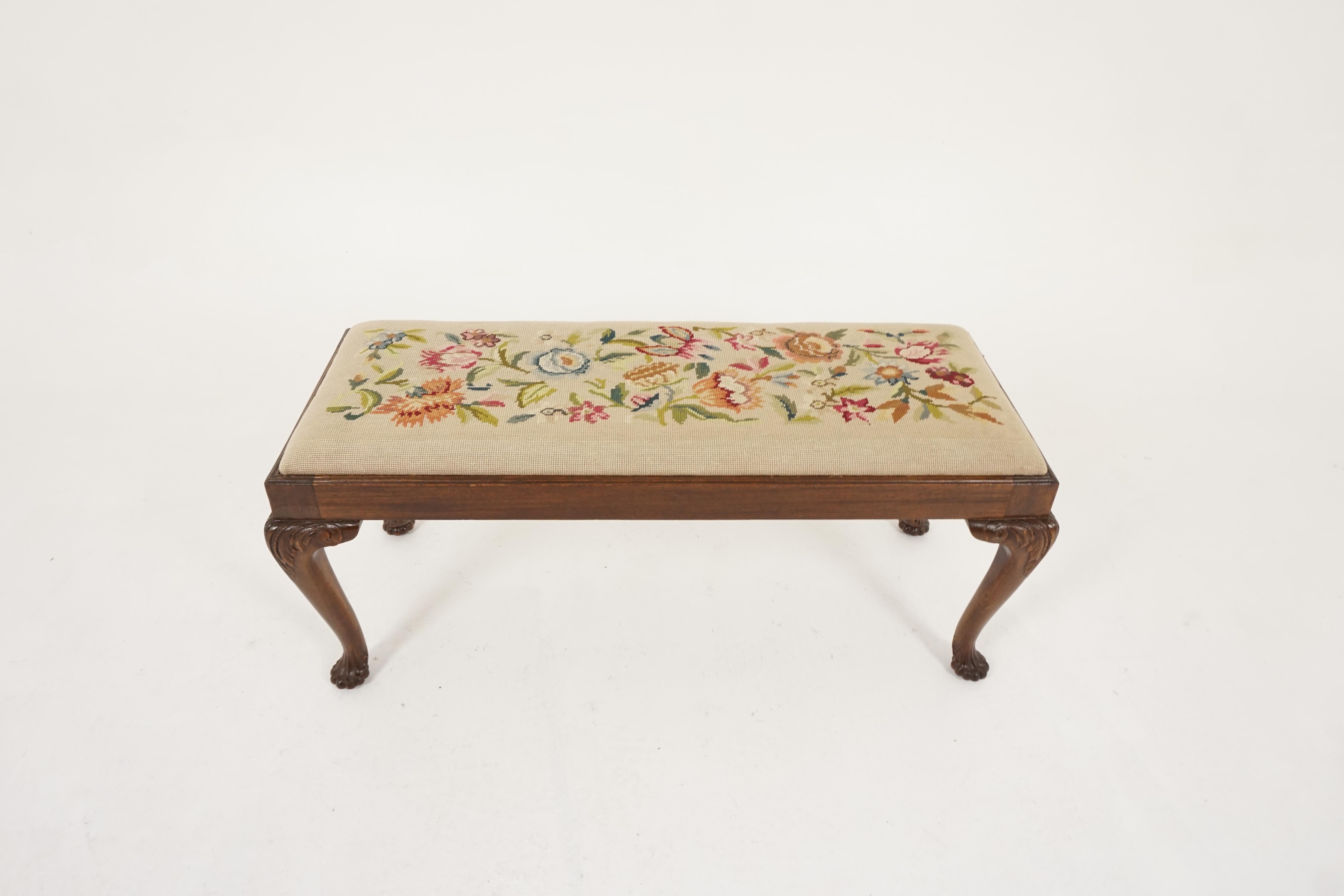 Early 20th Century Antique Walnut Bench, Chippendale Style, Long Duet Stool, Scotland 1920, B2192