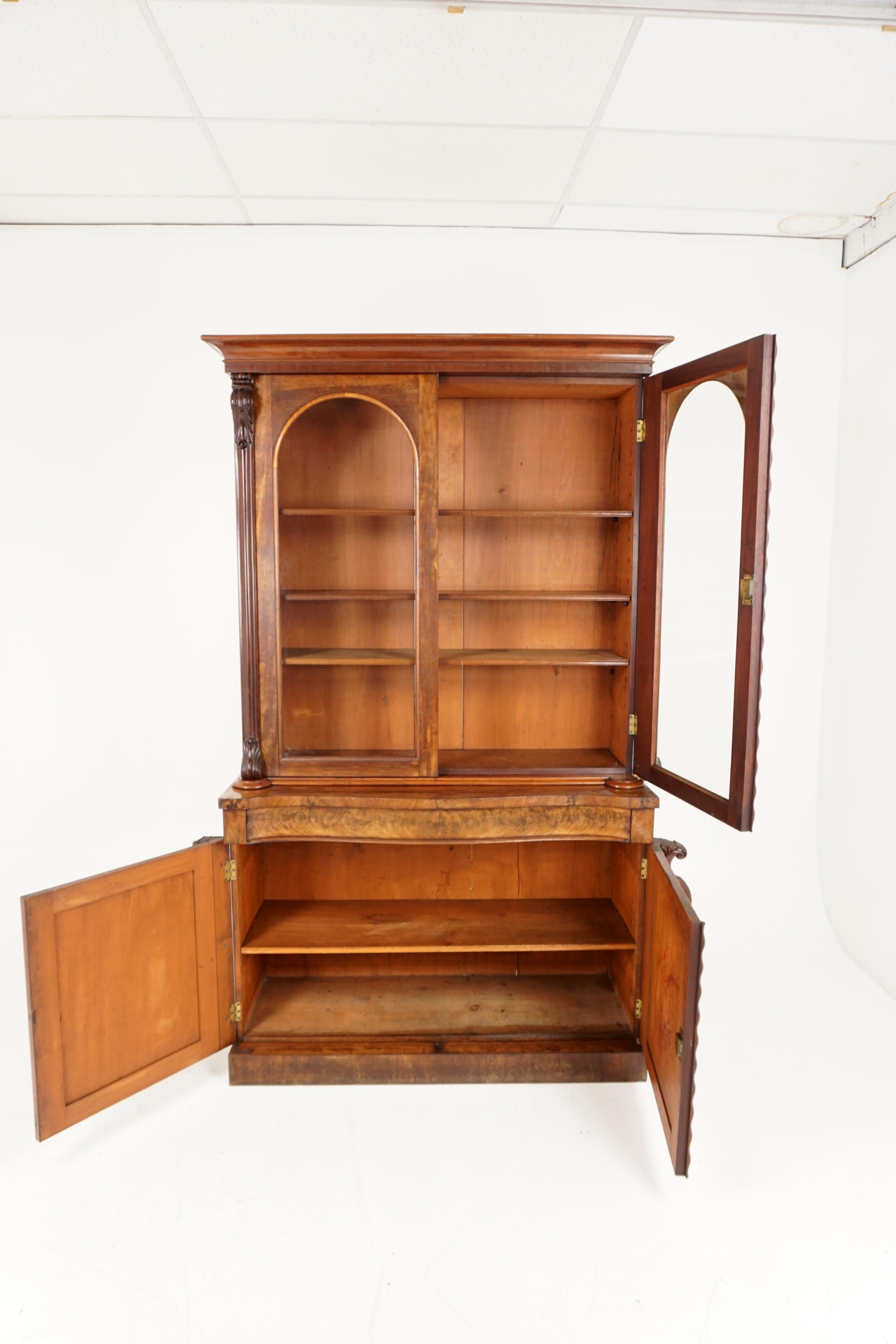Antique mahogany bookcase, large Victorian cabinet bookcase, antique Furniture, Scotland 1870, B1828

Scotland, 1870
Solid mahogany and veneer
Original finish
Large overhang cornice on top
Pair of shaped original glass
Doors underneath
Open