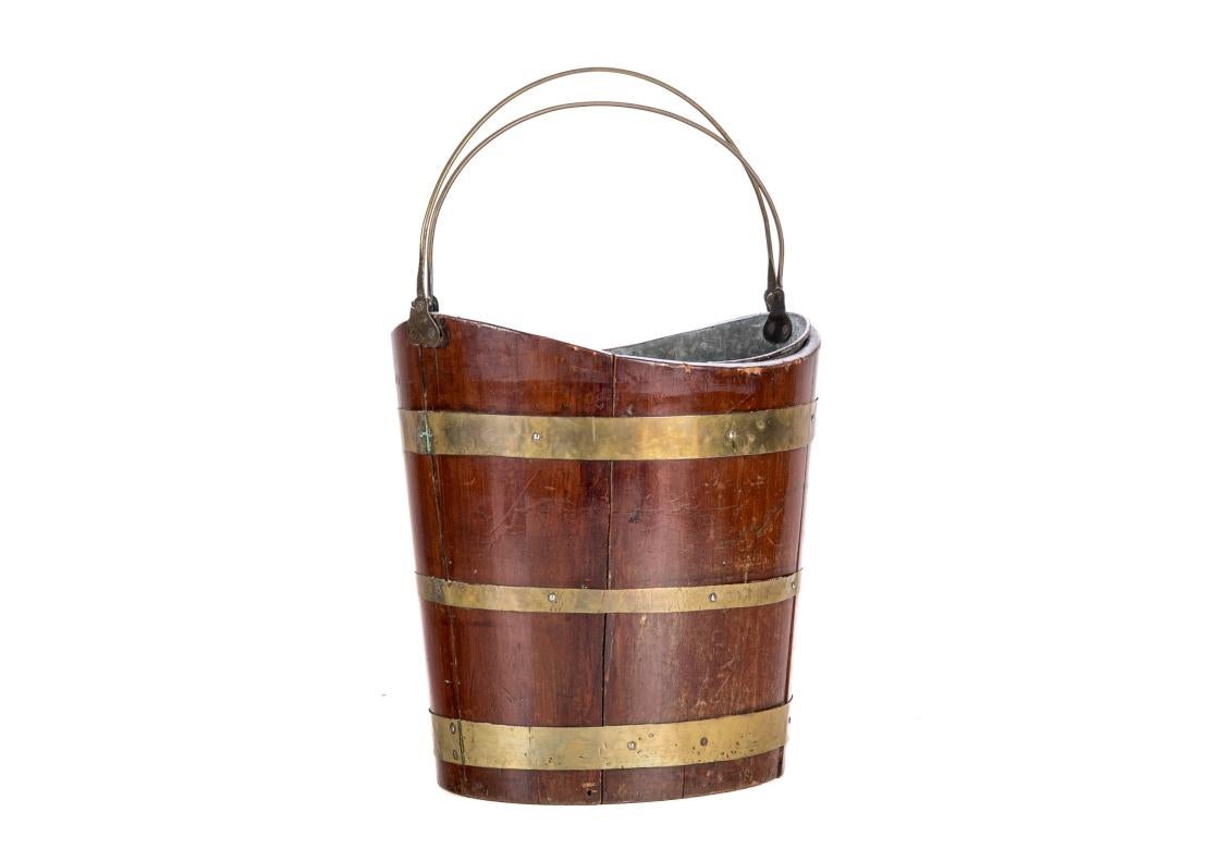 Georgian Antique Mahogany Brass Bound Peat Bucket With Galvanized Liner For Sale