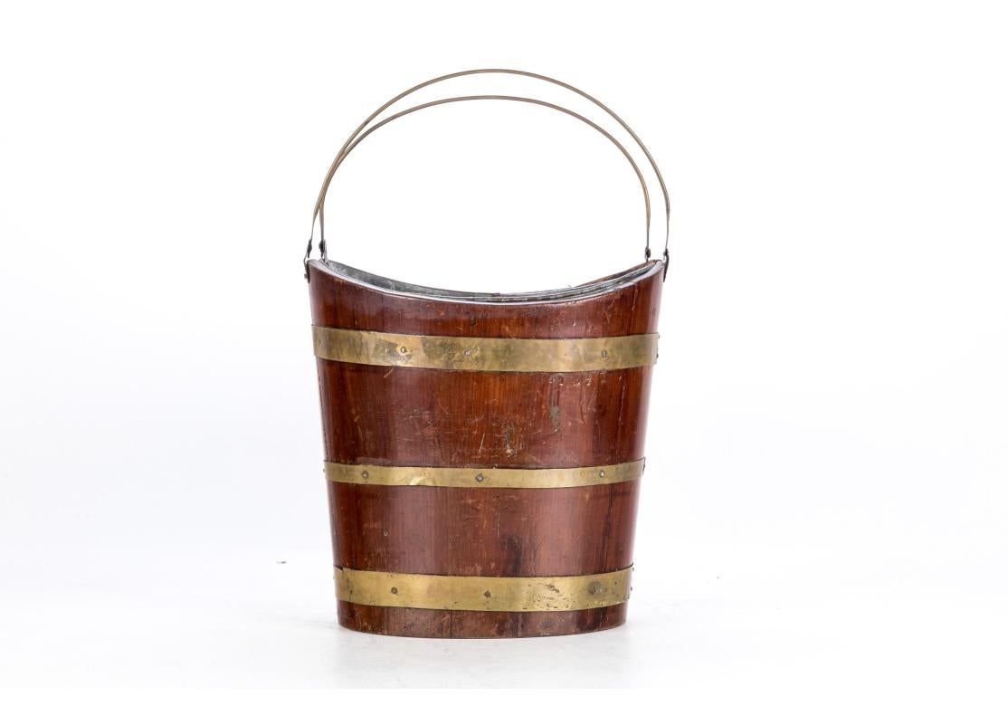 Aluminum Antique Mahogany Brass Bound Peat Bucket With Galvanized Liner For Sale