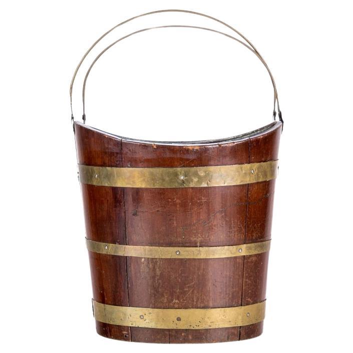 Antique Mahogany Brass Bound Peat Bucket With Galvanized Liner For Sale