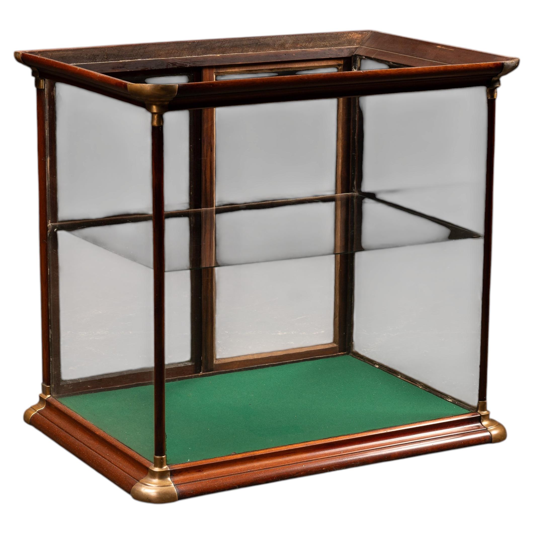 Antique Mahogany & Brass Countertop Display Case with Wavy Glass