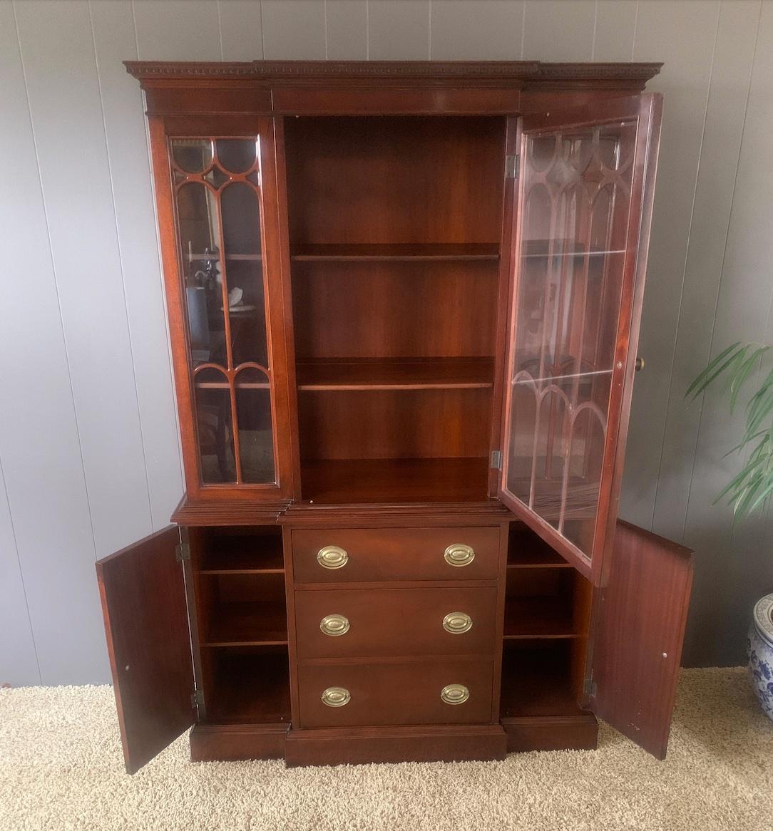 Brass Antique Mahogany Breakfront China Cabinet or Bookcase, Circa 1920s