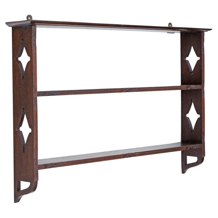 Antique mahogany carved fretwork wall bookcase display shelves C1900