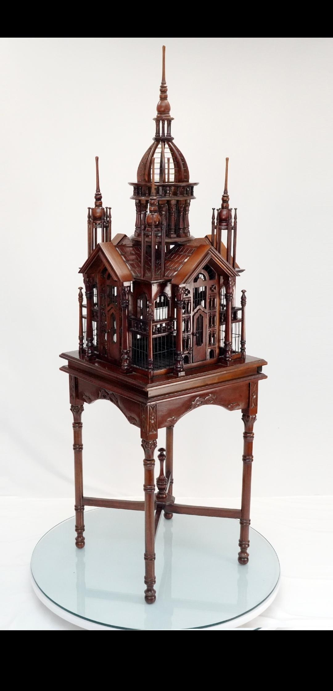 Gothic Revival Antique Mahogany Cathedral Birdcage, Petite For Sale