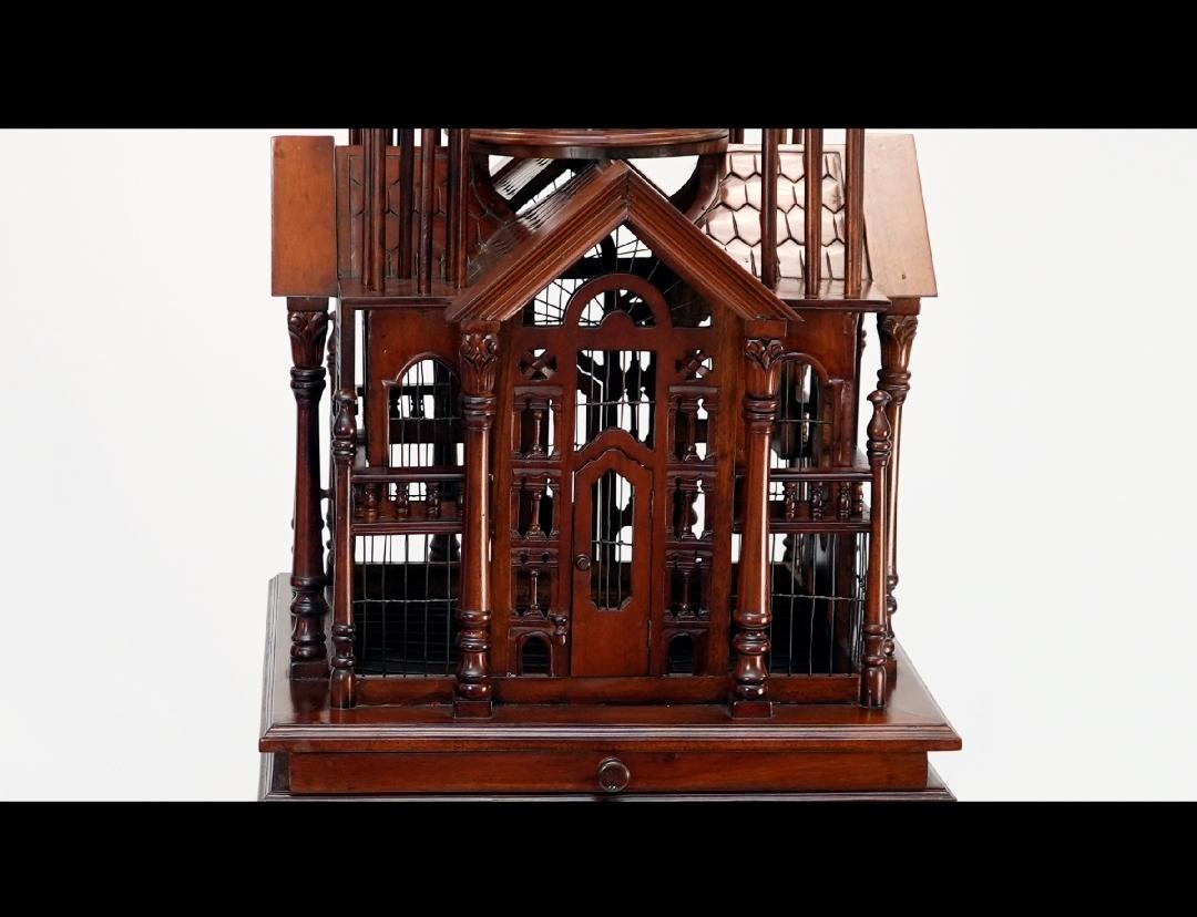 Carved Antique Mahogany Cathedral Birdcage, Petite For Sale