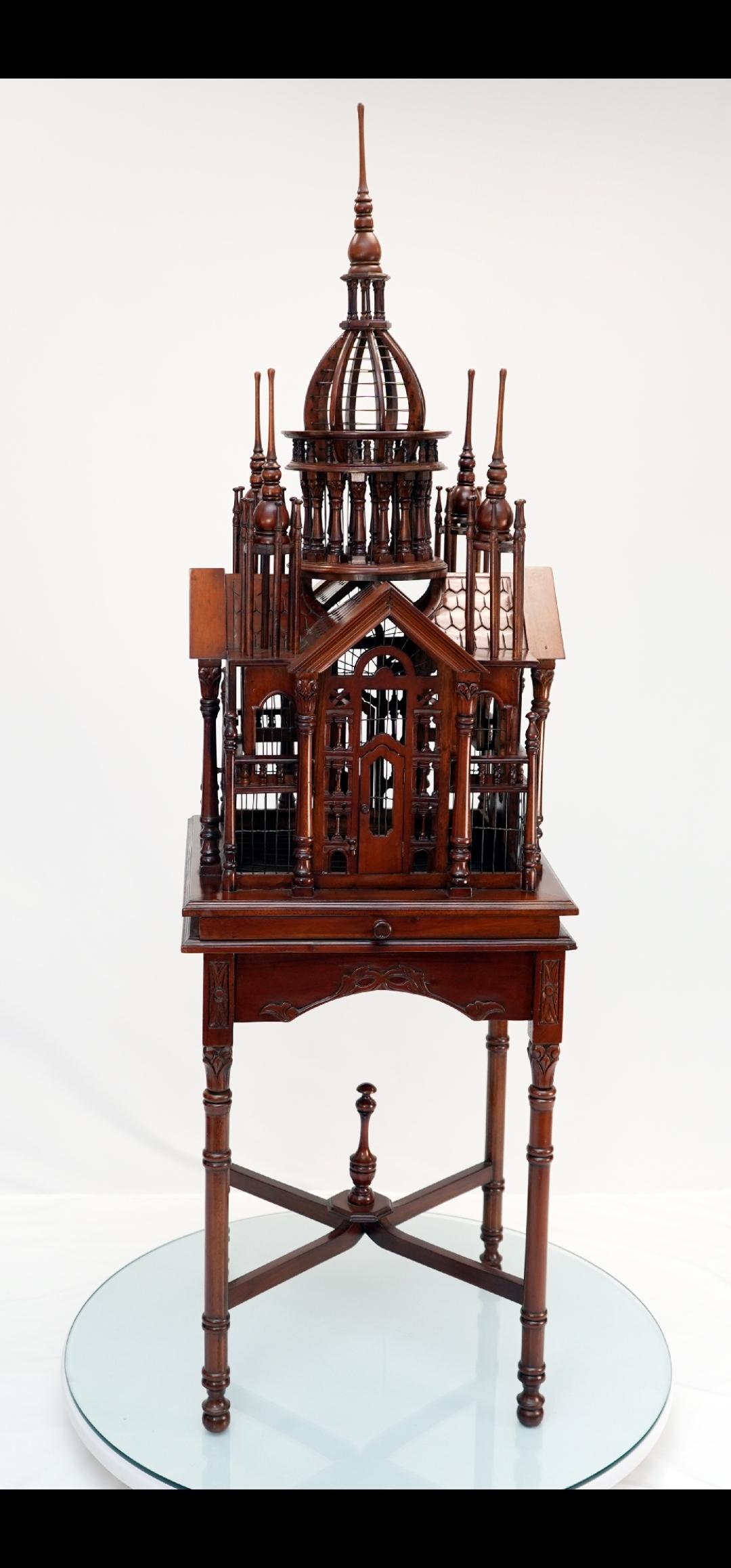 Antique Mahogany Cathedral Birdcage, Petite In Good Condition For Sale In Waxahachie, TX