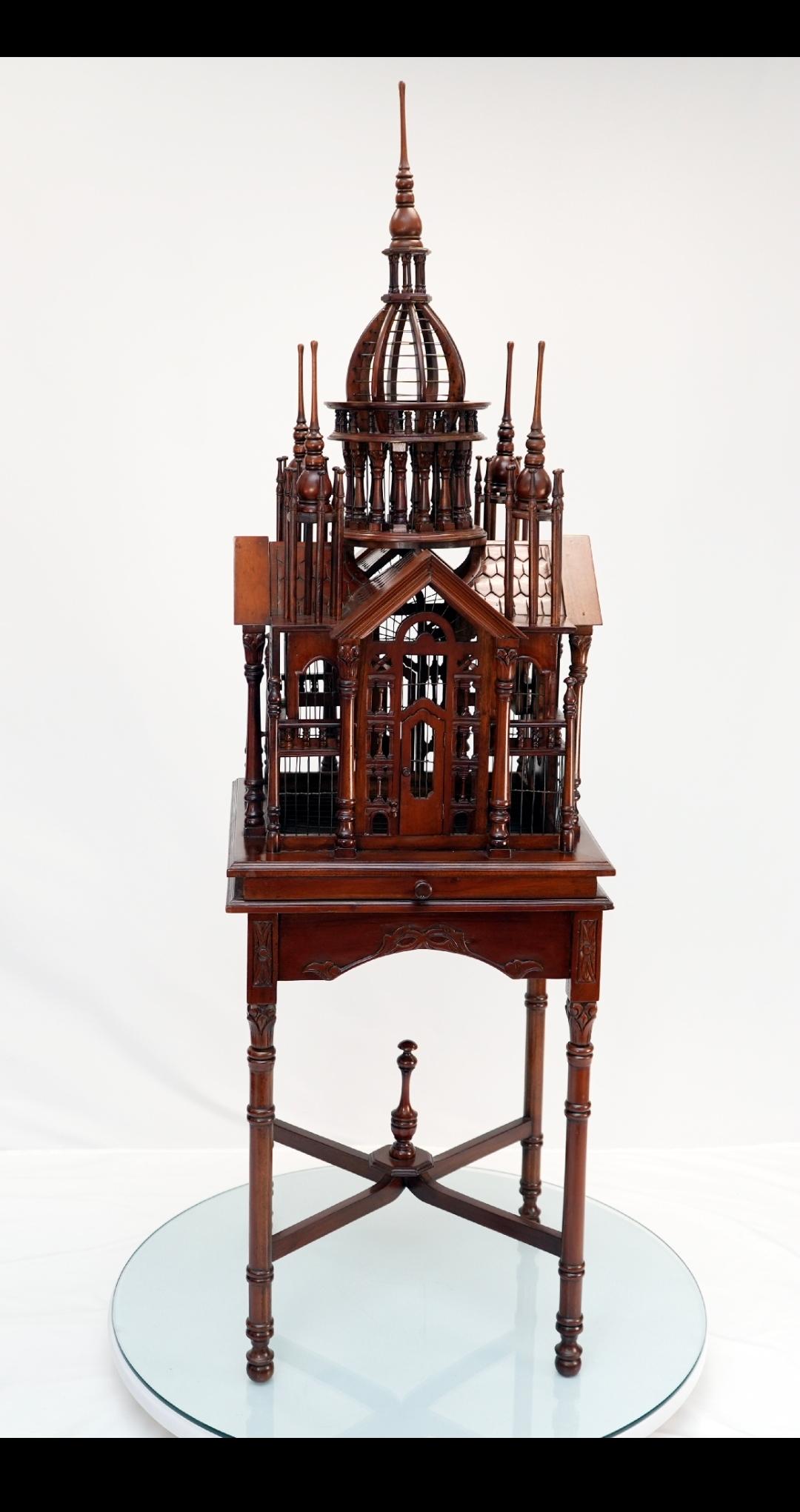 20th Century Antique Mahogany Cathedral Birdcage, Petite For Sale